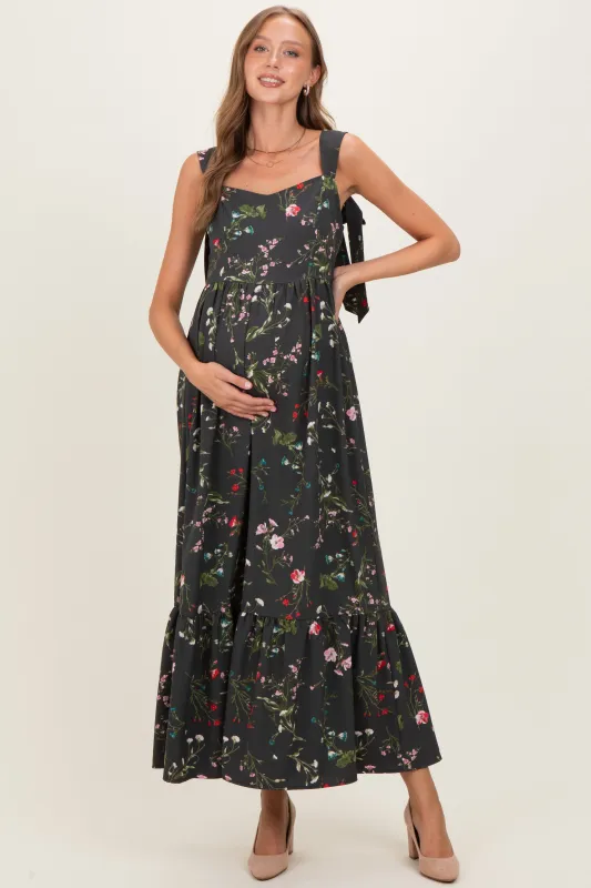 Forest Green Floral Bow Strap Maternity Maxi Dress made by Sugarlips
