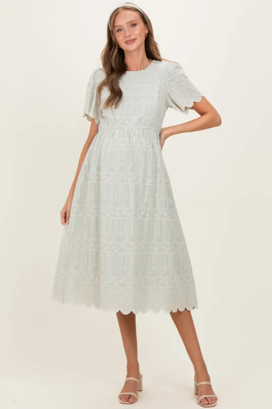 Light Olive Embroidered Floral Maternity Midi Dress sold by Pinkblush