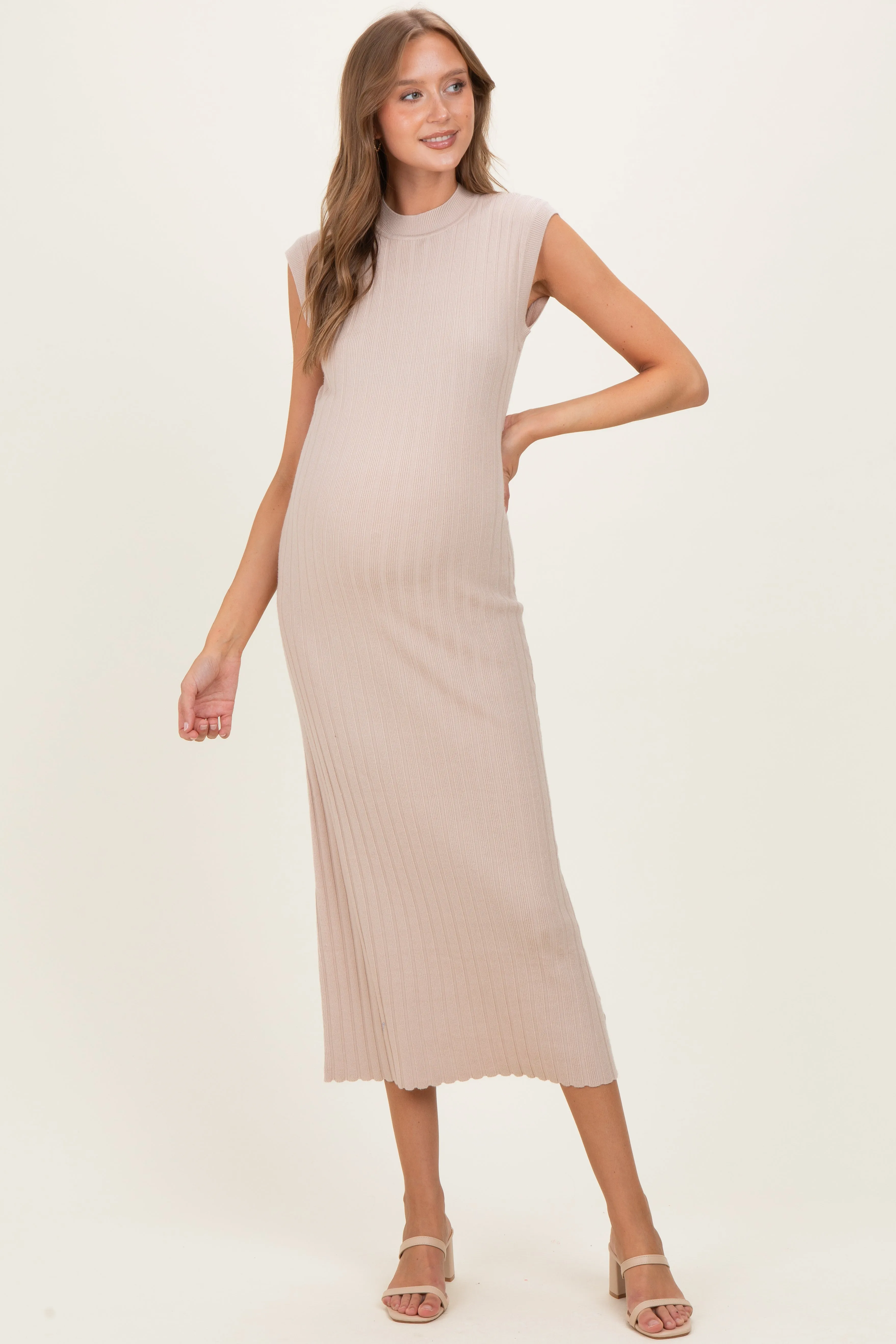 Sand Ribbed Knit Mock Neck Maternity Maxi Dress sold by Pinkblush product image thumbnail 2