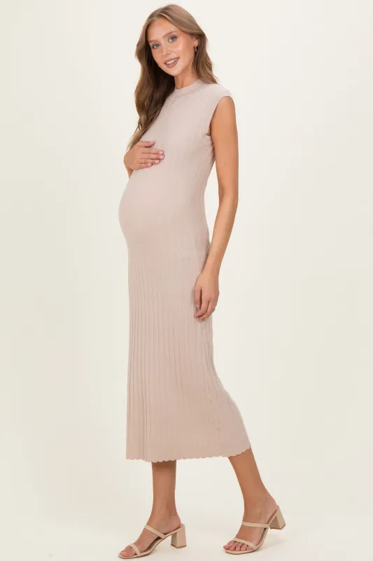 Sand Ribbed Knit Mock Neck Maternity Maxi Dress made by Able