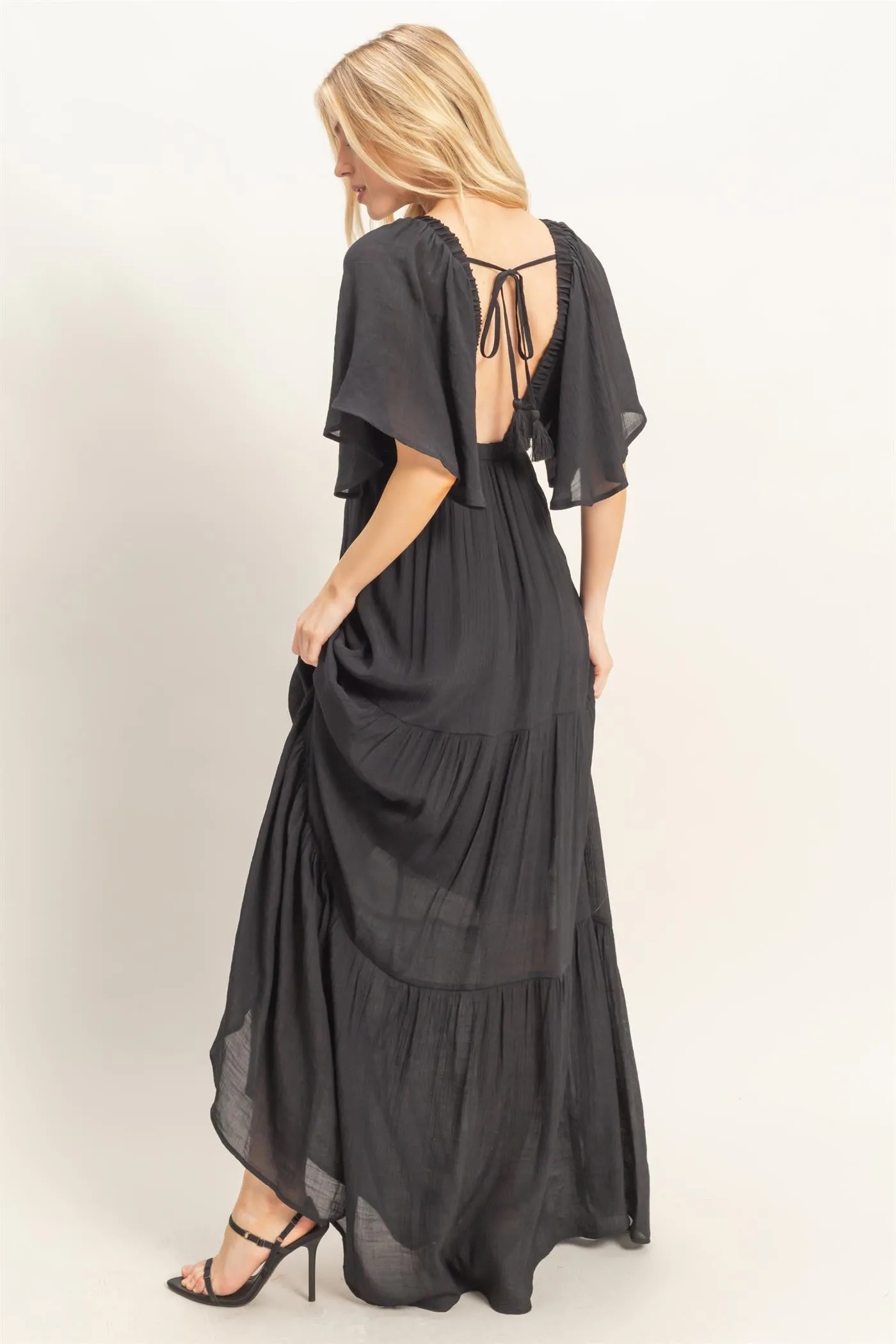 Black Flutter Sleeve Maxi Dress sold by Pinkblush product image thumbnail 3