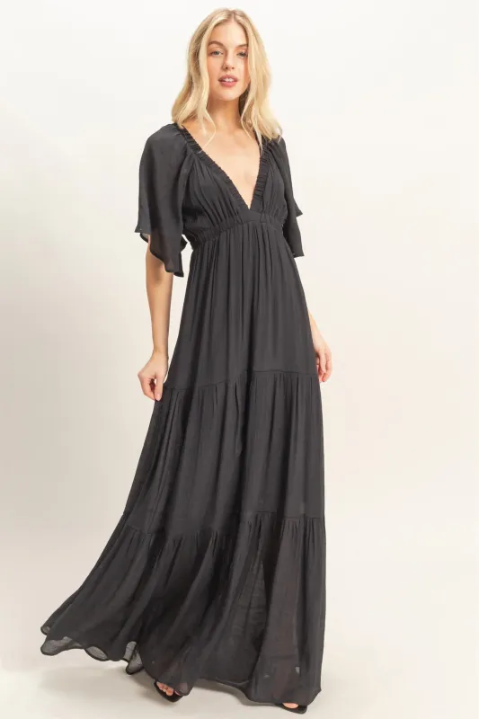 Black Flutter Sleeve Maxi Dress sold by Pinkblush