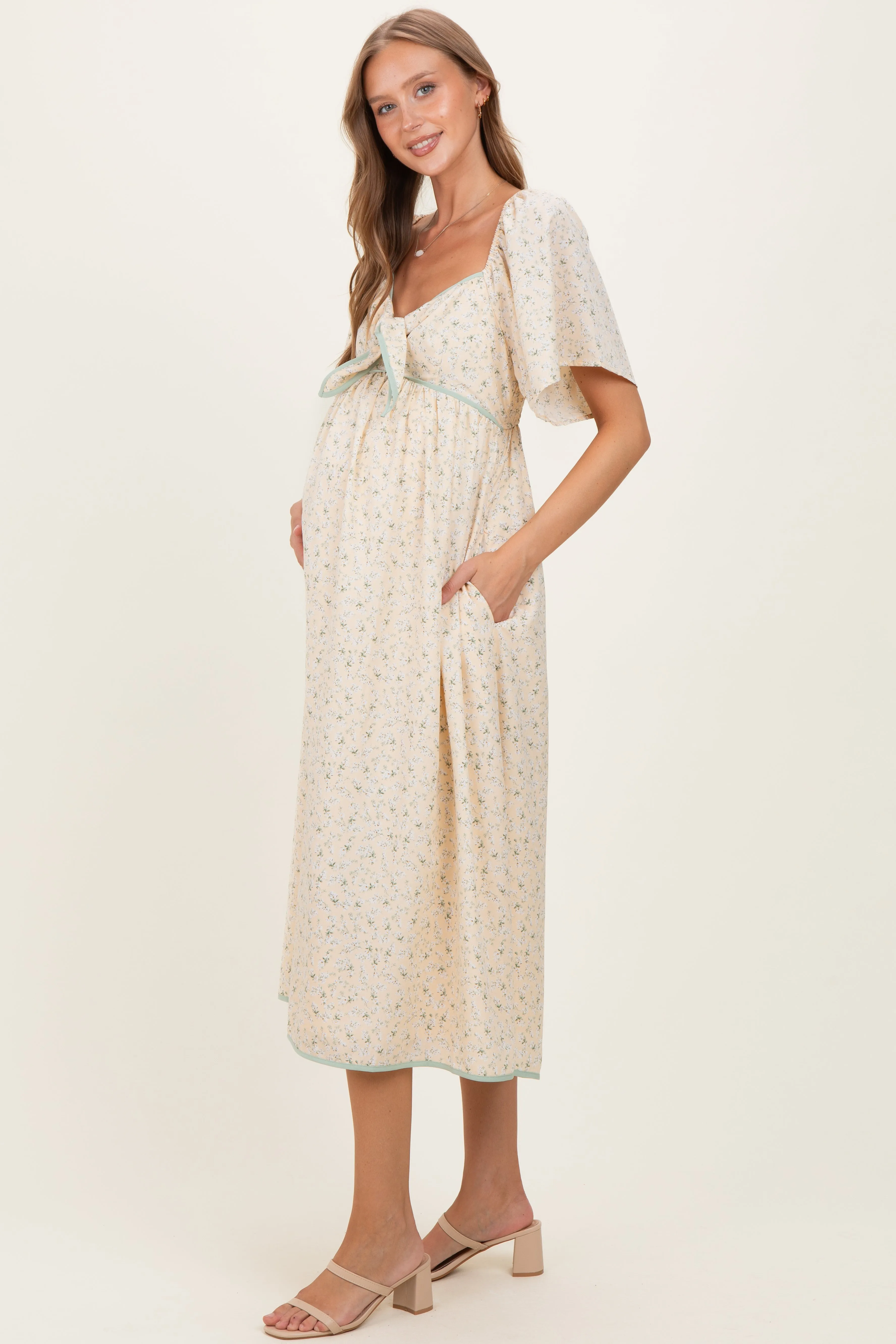 Butter Yellow Floral Tie Front Flutter Sleeve Maternity Midi Dress sold by Pinkblush product image thumbnail 3