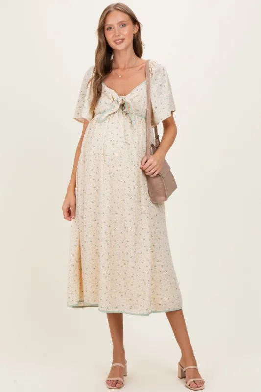 Butter Yellow Floral Tie Front Flutter Sleeve Maternity Midi Dress made by Pinkblush
