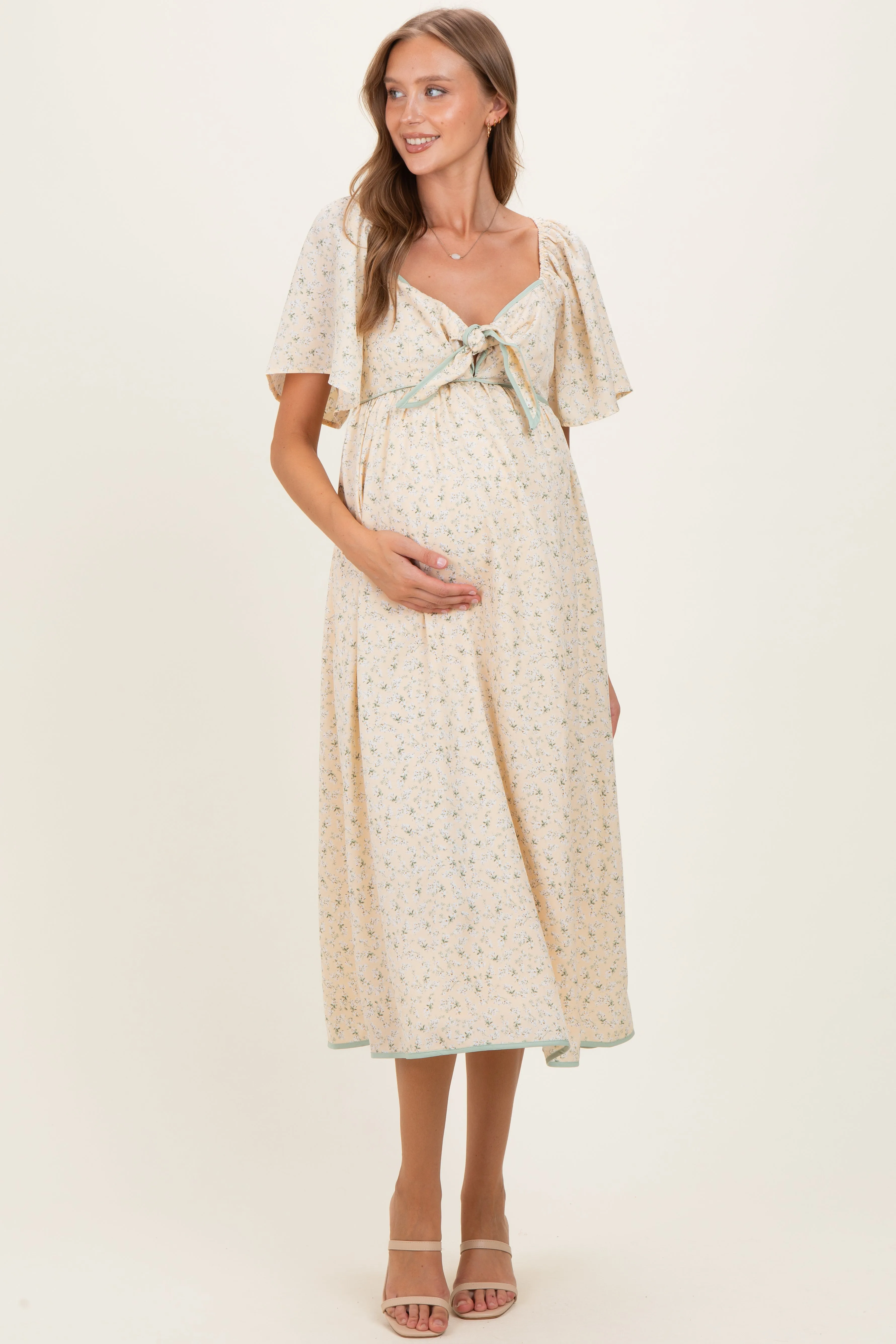 Butter Yellow Floral Tie Front Flutter Sleeve Maternity Midi Dress sold by Pinkblush product image thumbnail 2