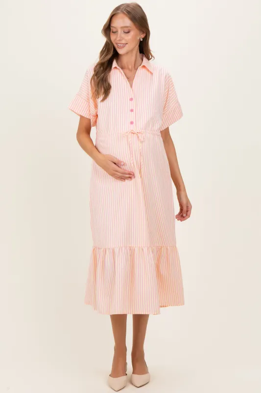 Yellow Striped Button Collared Maternity Midi Dress sold by Pinkblush