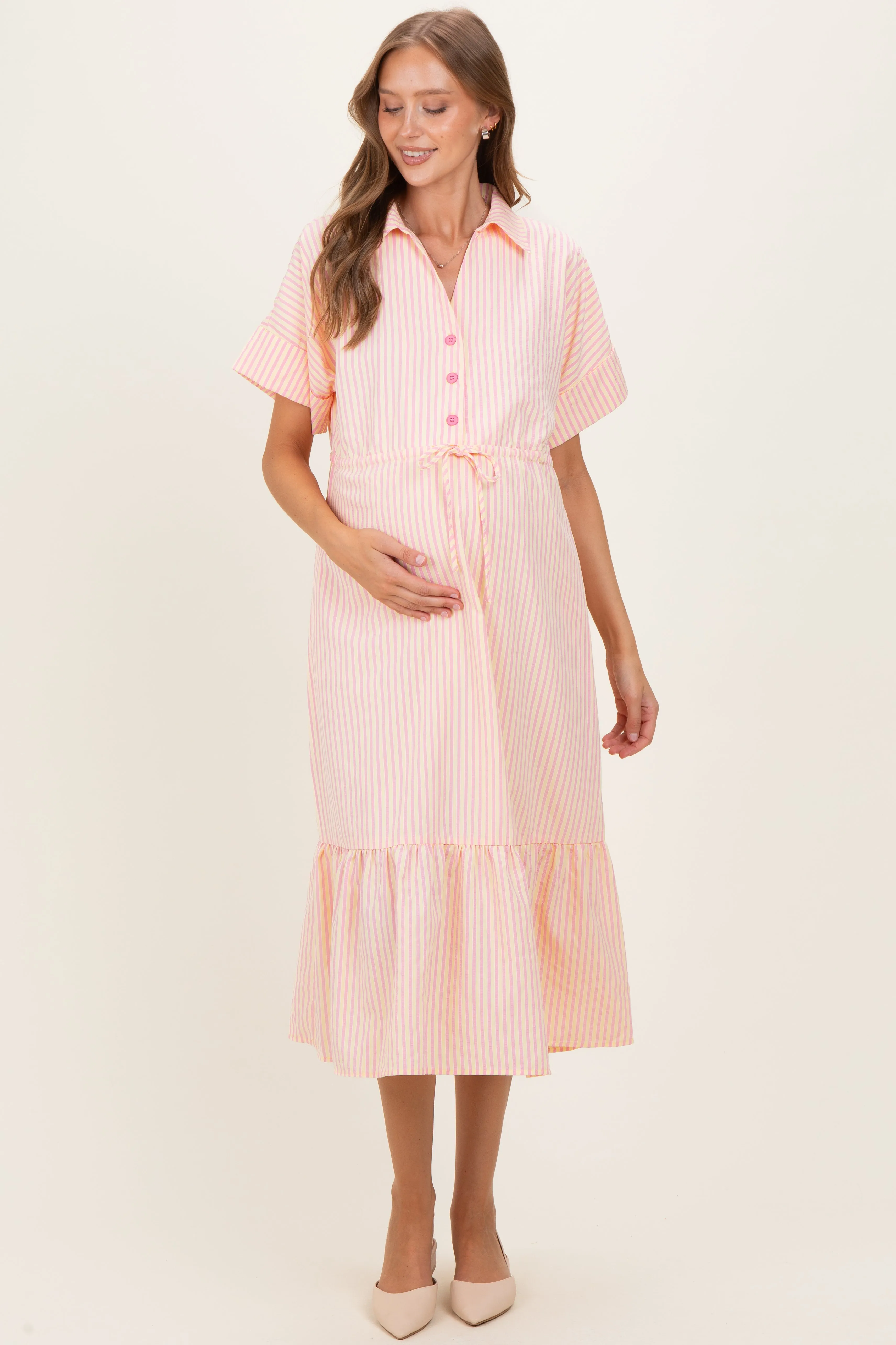 Yellow Striped Button Collared Maternity Midi Dress sold by Pinkblush
