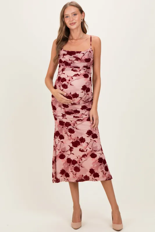 Pink Rose Floral Mesh Ruched Maternity Midi Dress sold by Pinkblush