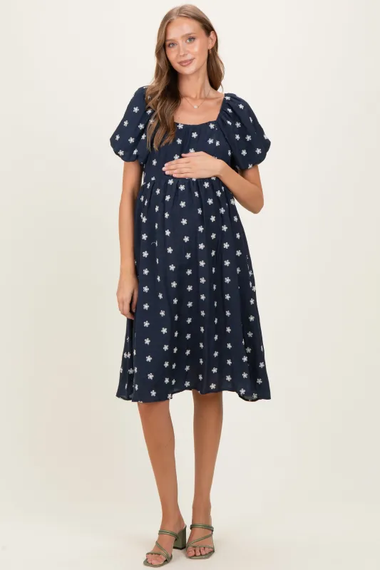Navy Blue Floral Embroidered Short Sleeve Maternity Dress sold by Pinkblush