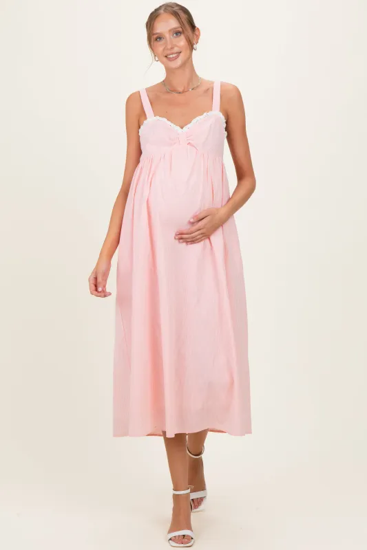 Peach Ruffle Trim Sweetheart Neckline Maternity Midi Dress sold by Pinkblush