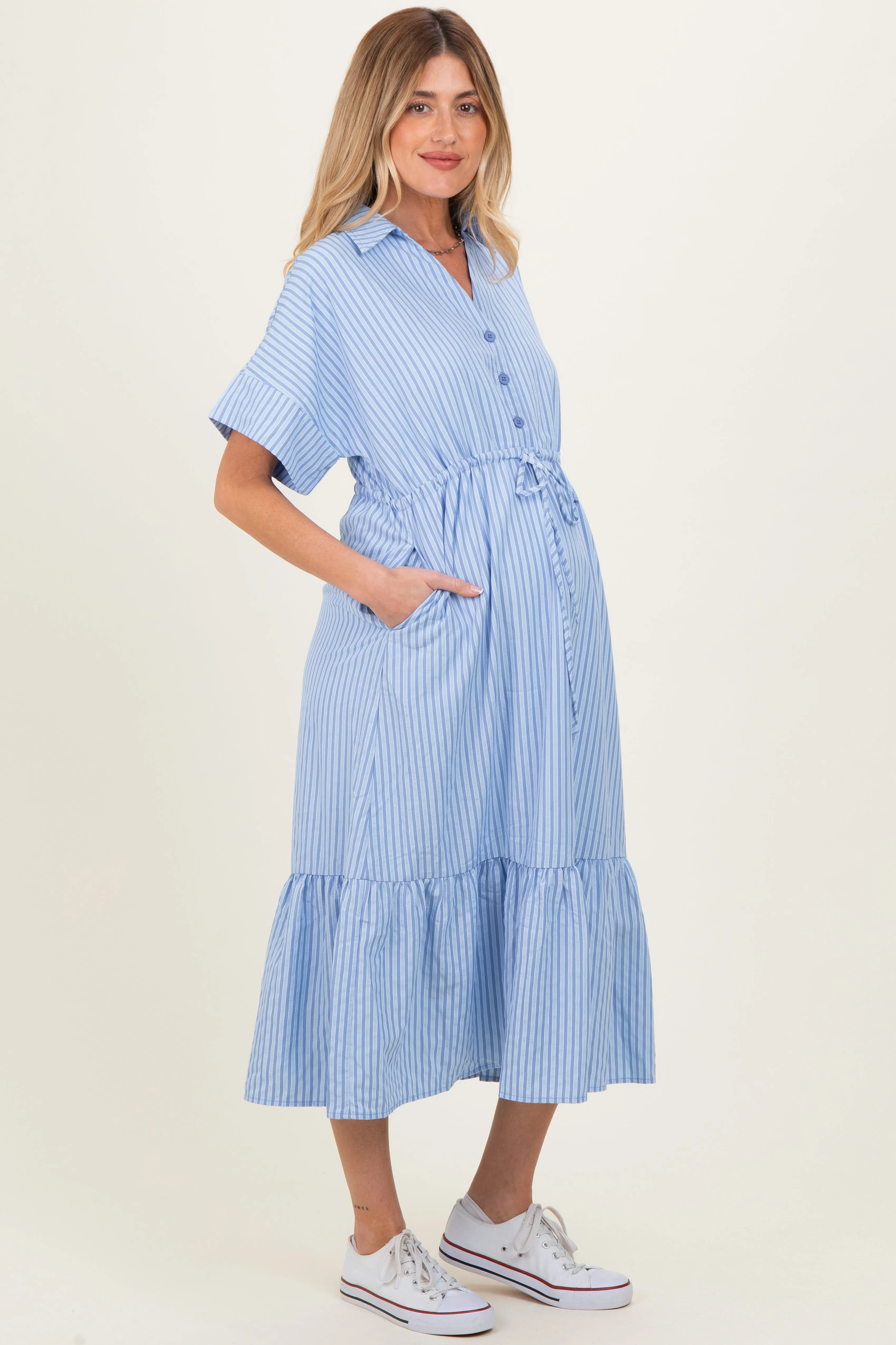 Light Blue Striped Button Collared Maternity Midi Dress sold by Pinkblush product image thumbnail 3