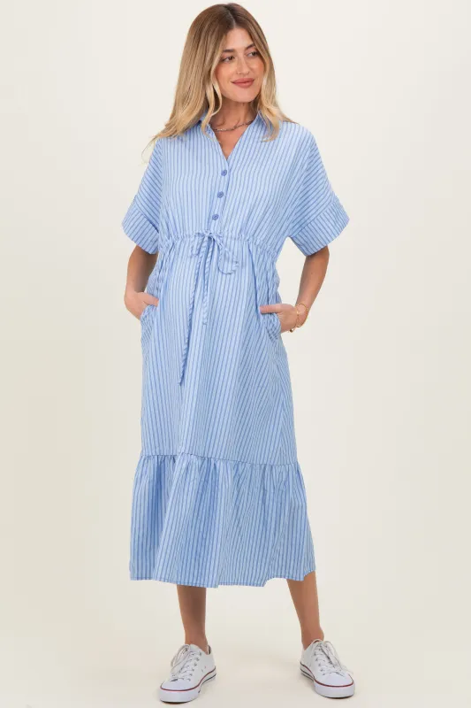 Light Blue Striped Button Collared Maternity Midi Dress sold by Pinkblush