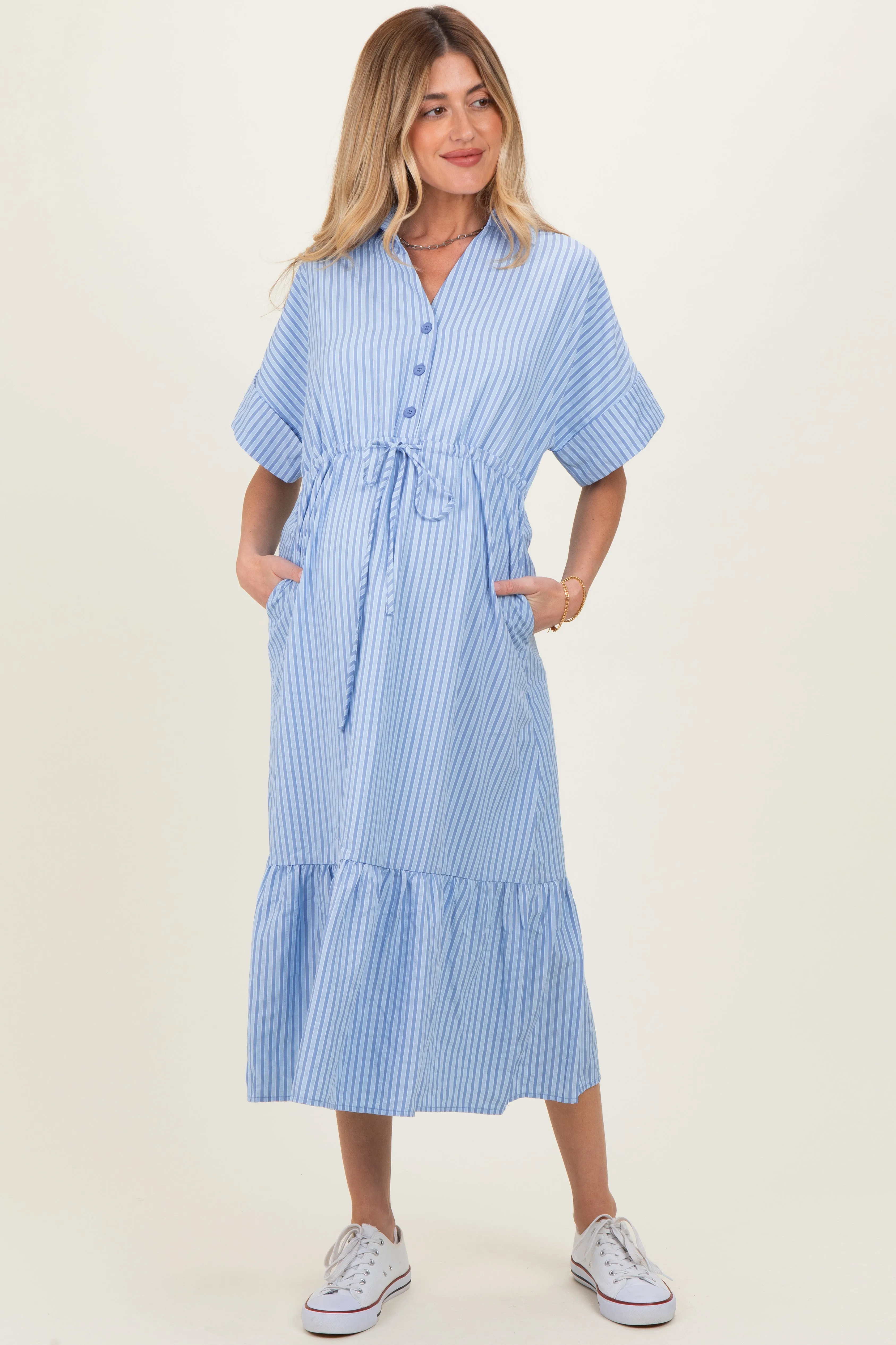 Light Blue Striped Button Collared Maternity Midi Dress sold by Pinkblush