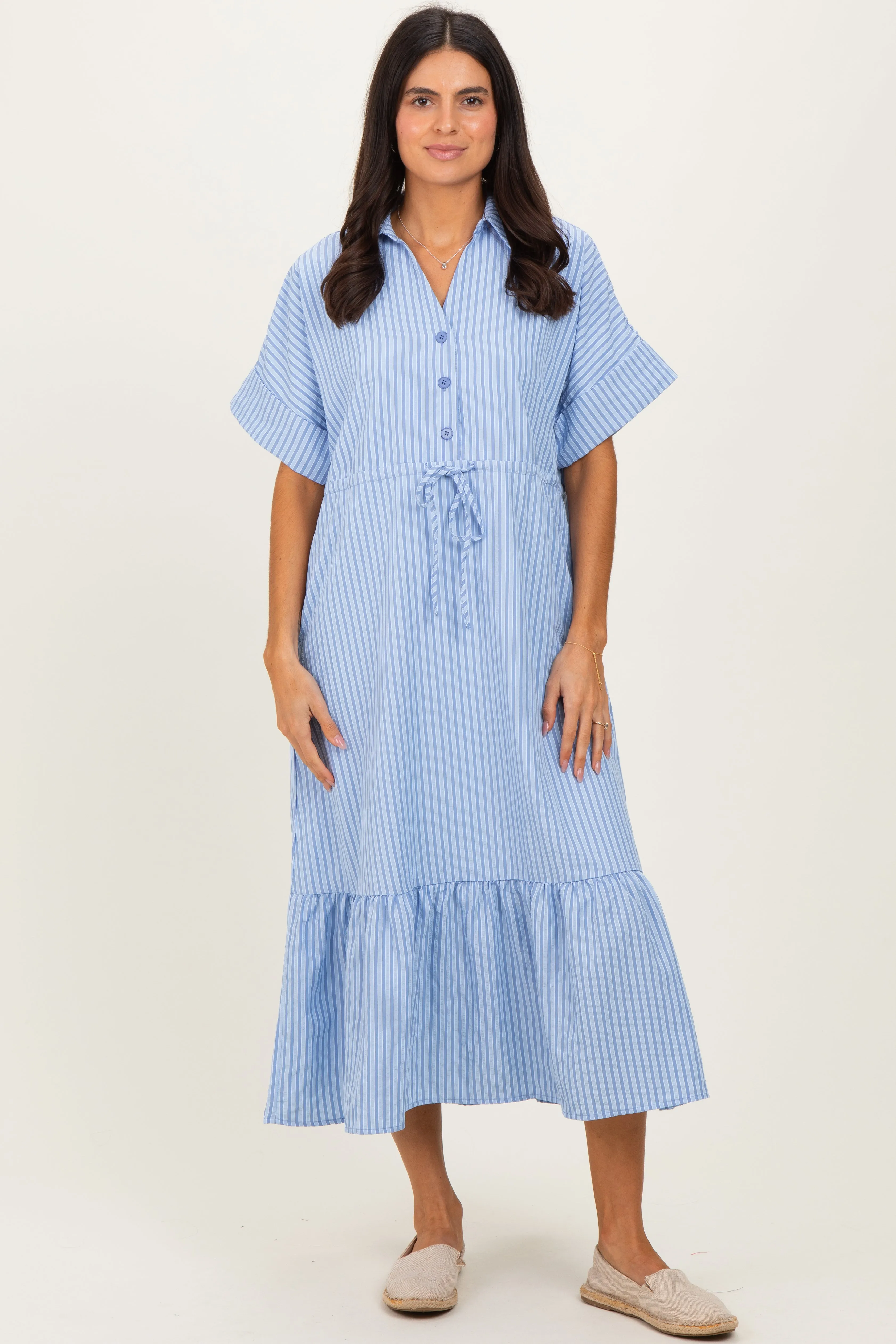 Light Blue Striped Button Collared Maternity Midi Dress sold by Pinkblush product image thumbnail 5