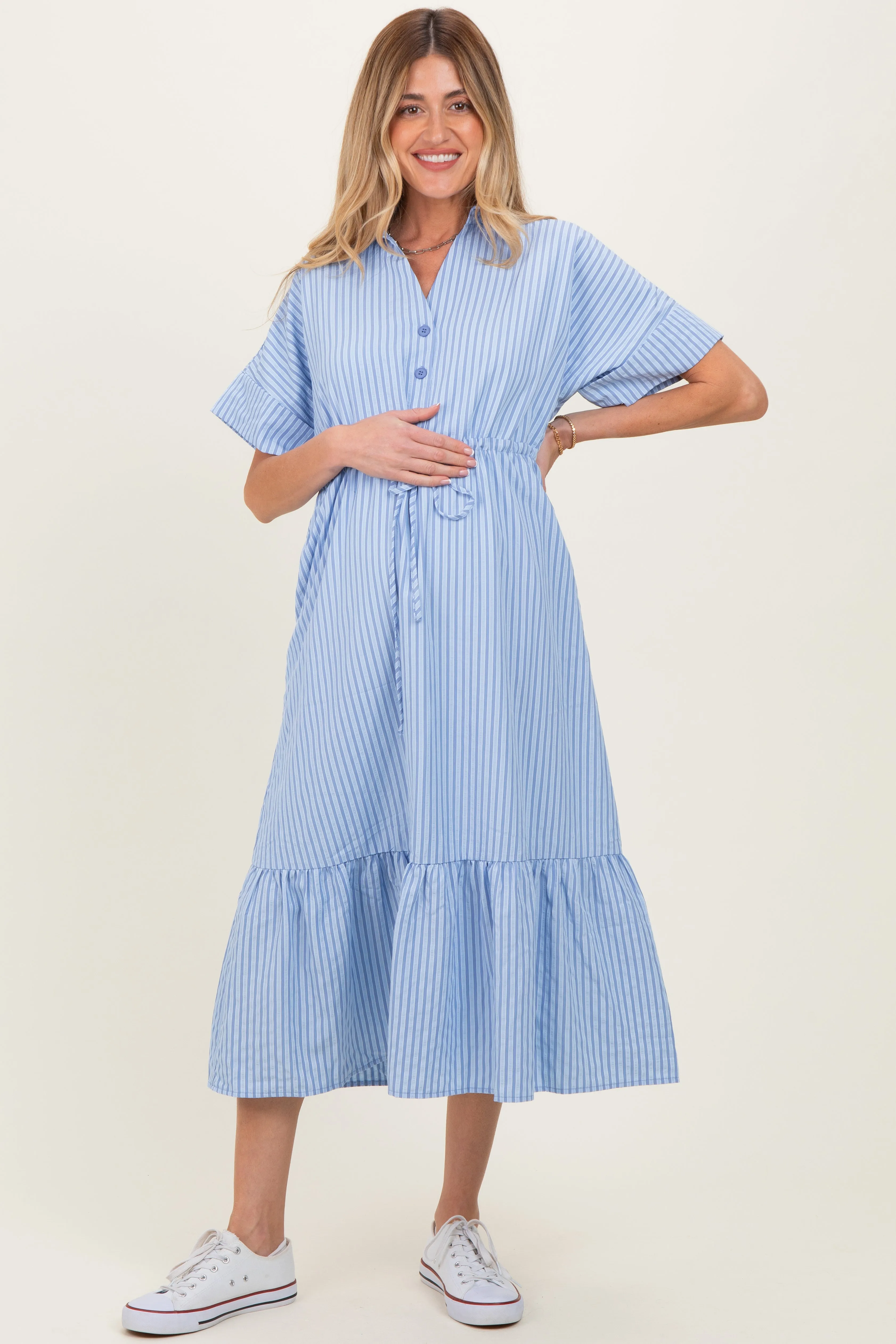 Light Blue Striped Button Collared Maternity Midi Dress sold by Pinkblush product image thumbnail 2