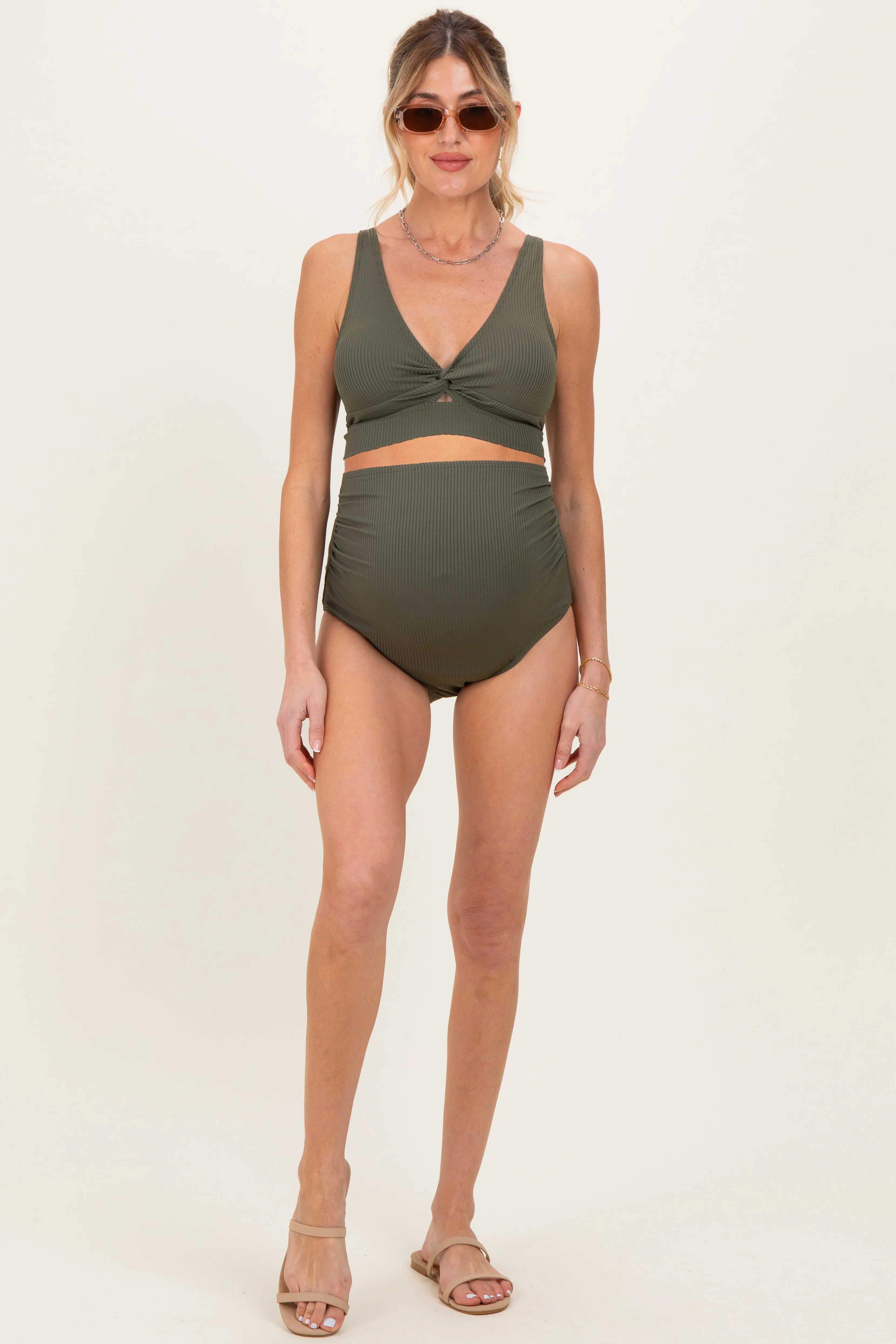 Olive Ribbed Twist Front Cutout Two Piece Maternity Swimsuit sold by Pinkblush product image thumbnail 2