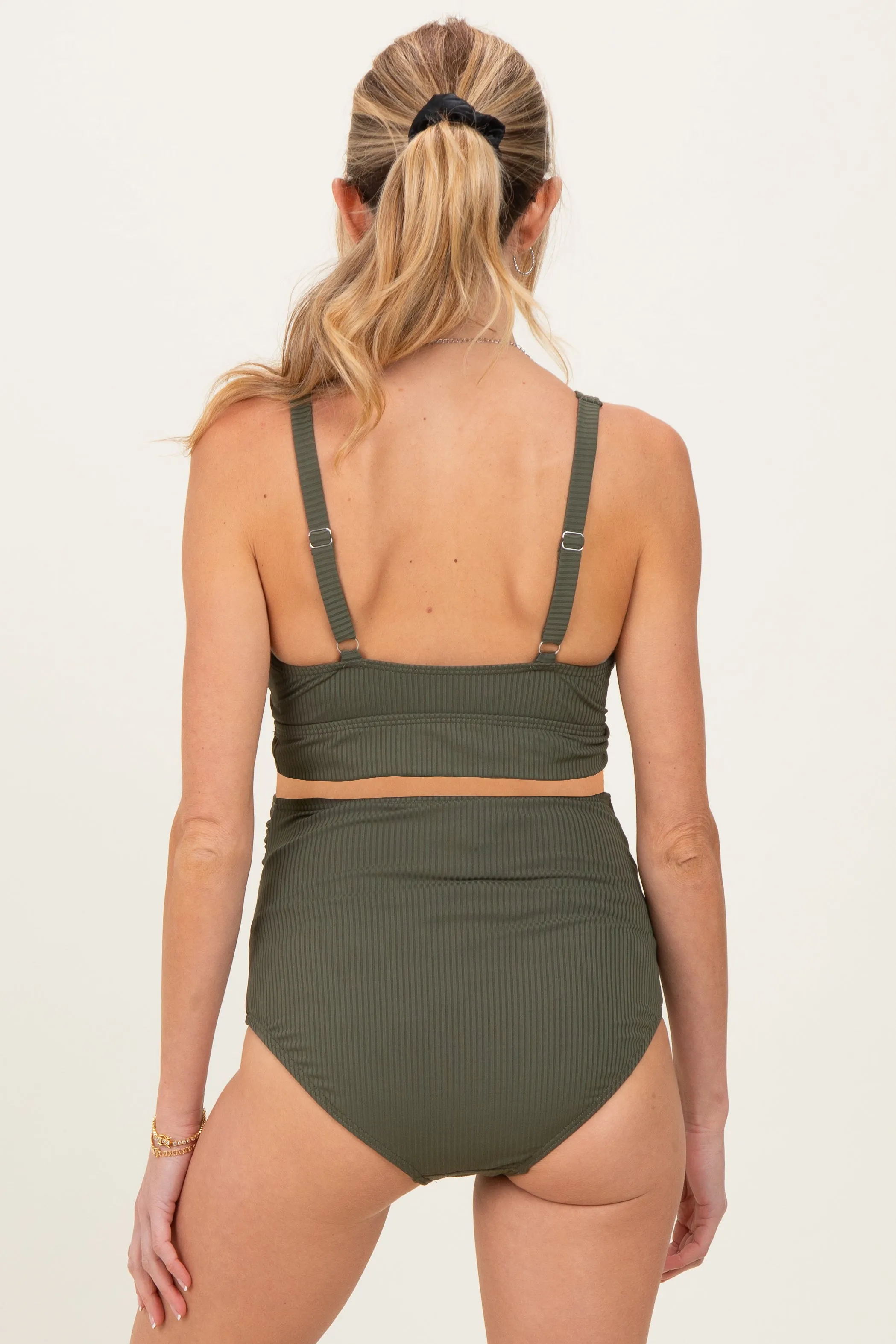 Olive Ribbed Twist Front Cutout Two Piece Maternity Swimsuit sold by Pinkblush product image thumbnail 3