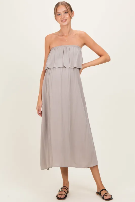 Ash Mocha Woven Crinkle Flounce Strapless Maternity Maxi Dress made by Zenana Outfitters