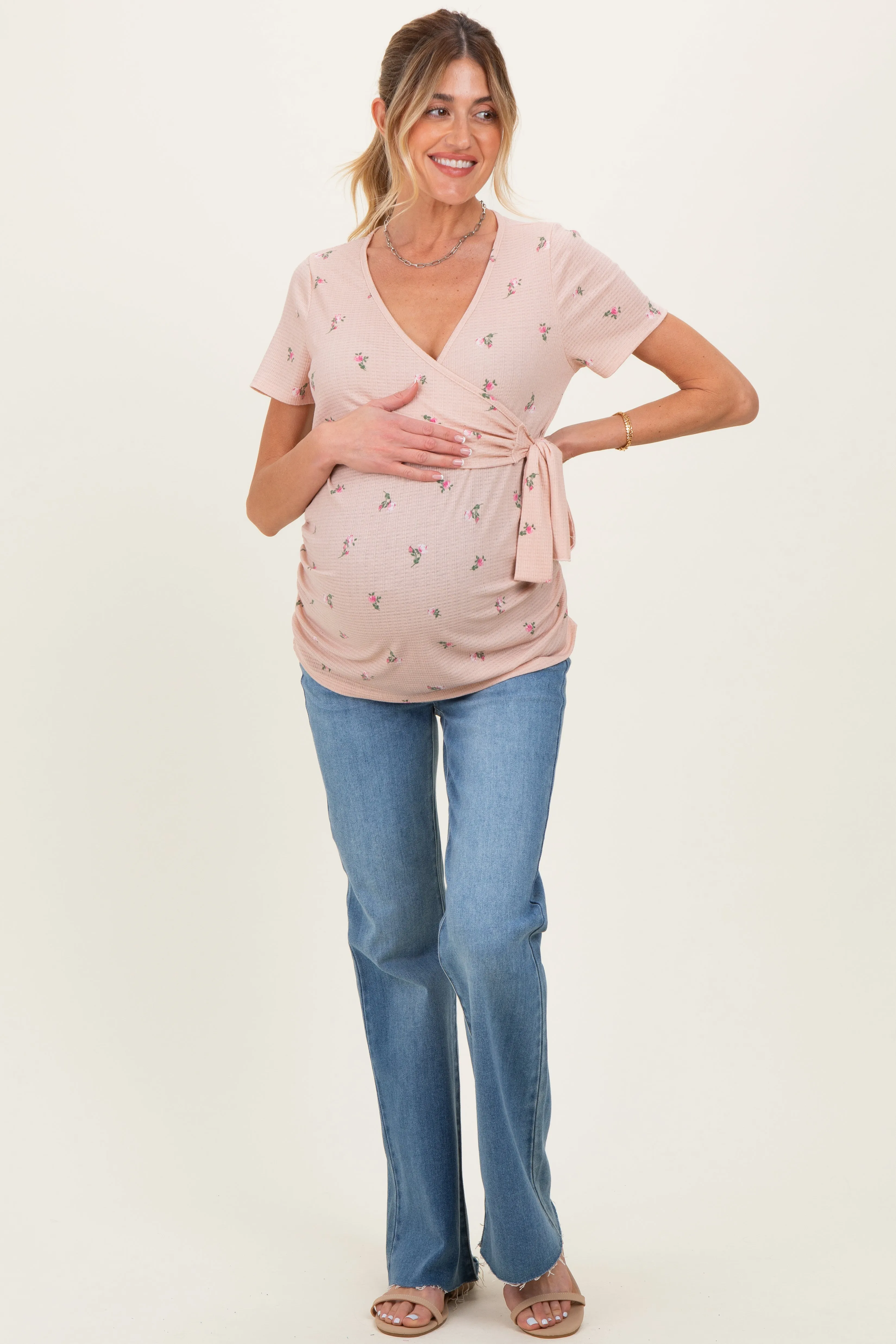 Taupe Floral Wrap Fitted Maternity/Nursing Top sold by Pinkblush product image thumbnail 3