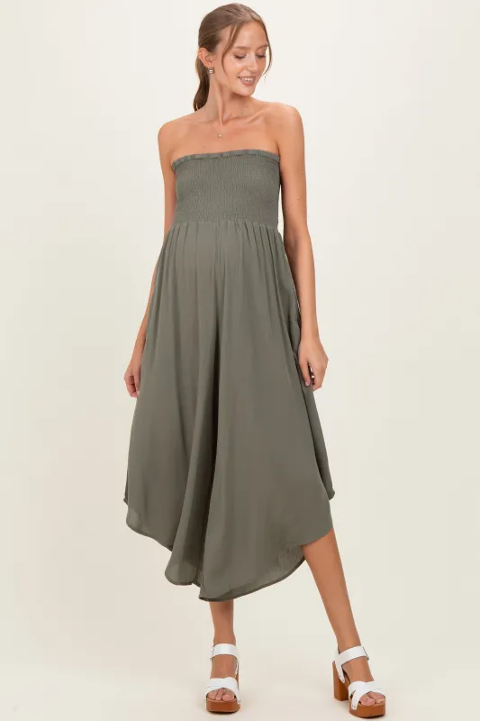 Olive Smocked Strapless Tulip Leg Maternity Jumpsuit sold by Pinkblush