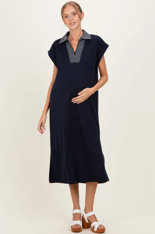 Navy Striped Collared Side Slit Maternity Midi Dress sold by Pinkblush