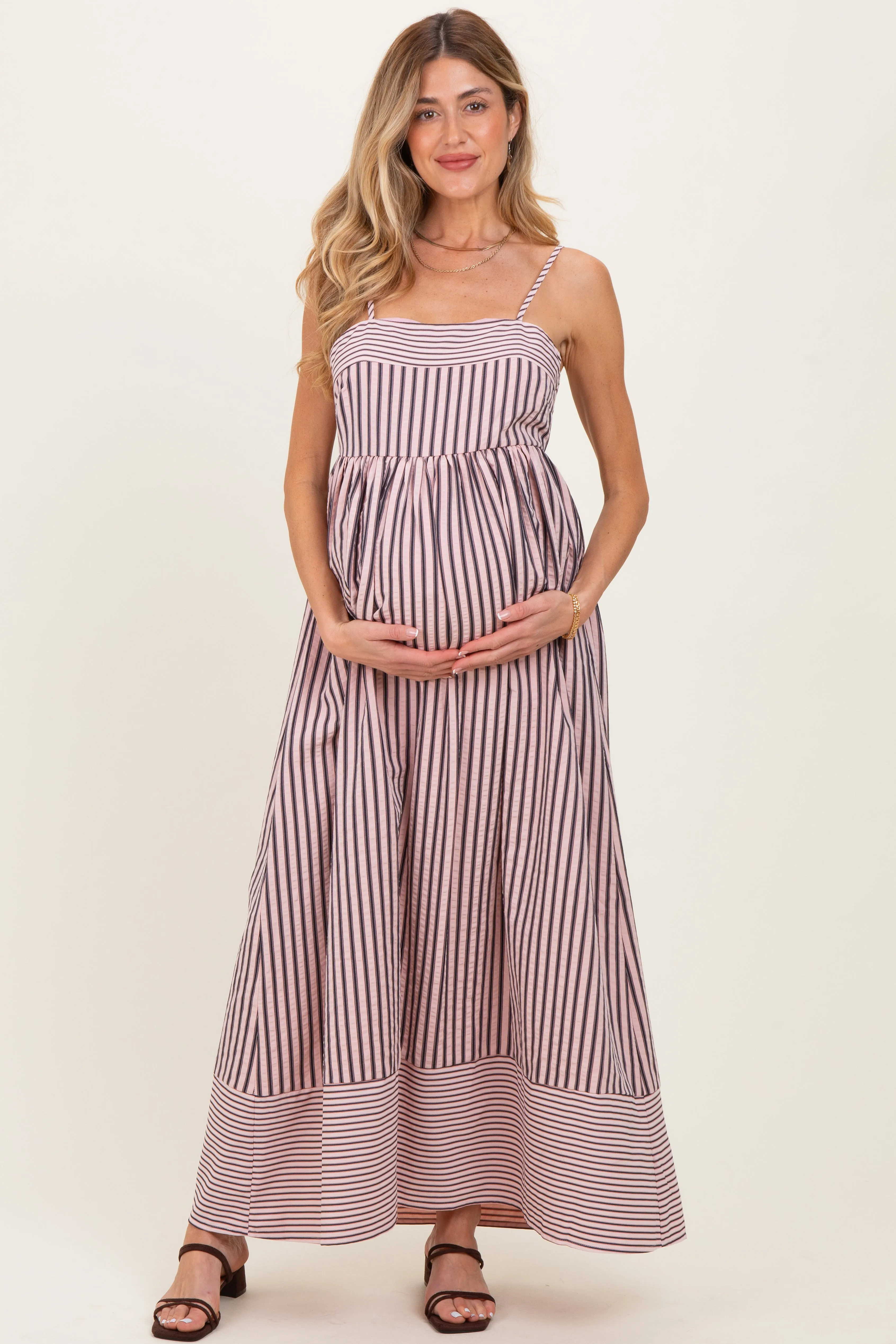 Mauve Mixed Stripe Sleeveless Maternity Maxi Dress sold by Pinkblush