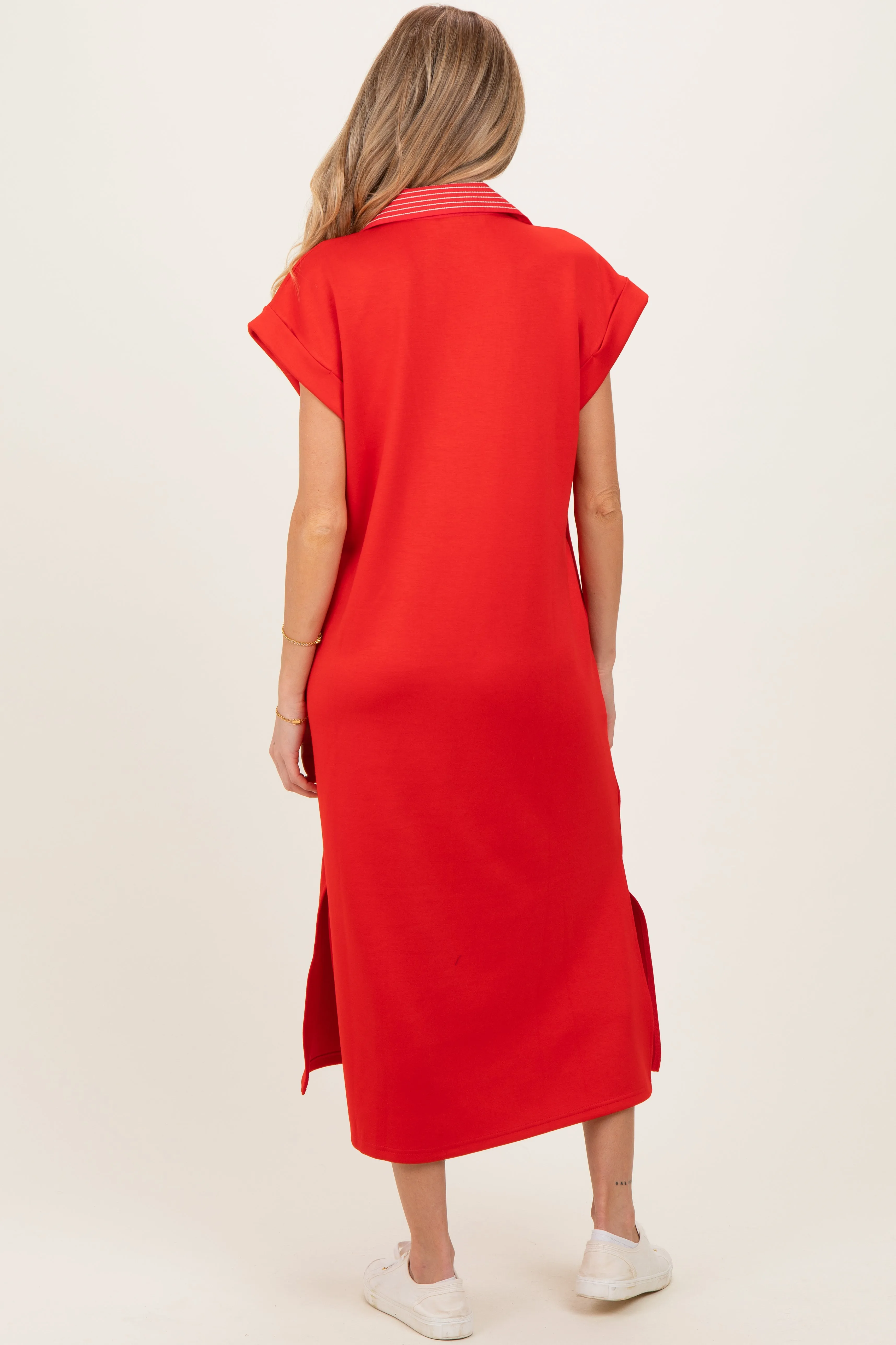 Red Striped Collared Side Slit Maternity Midi Dress sold by Pinkblush product image thumbnail 3