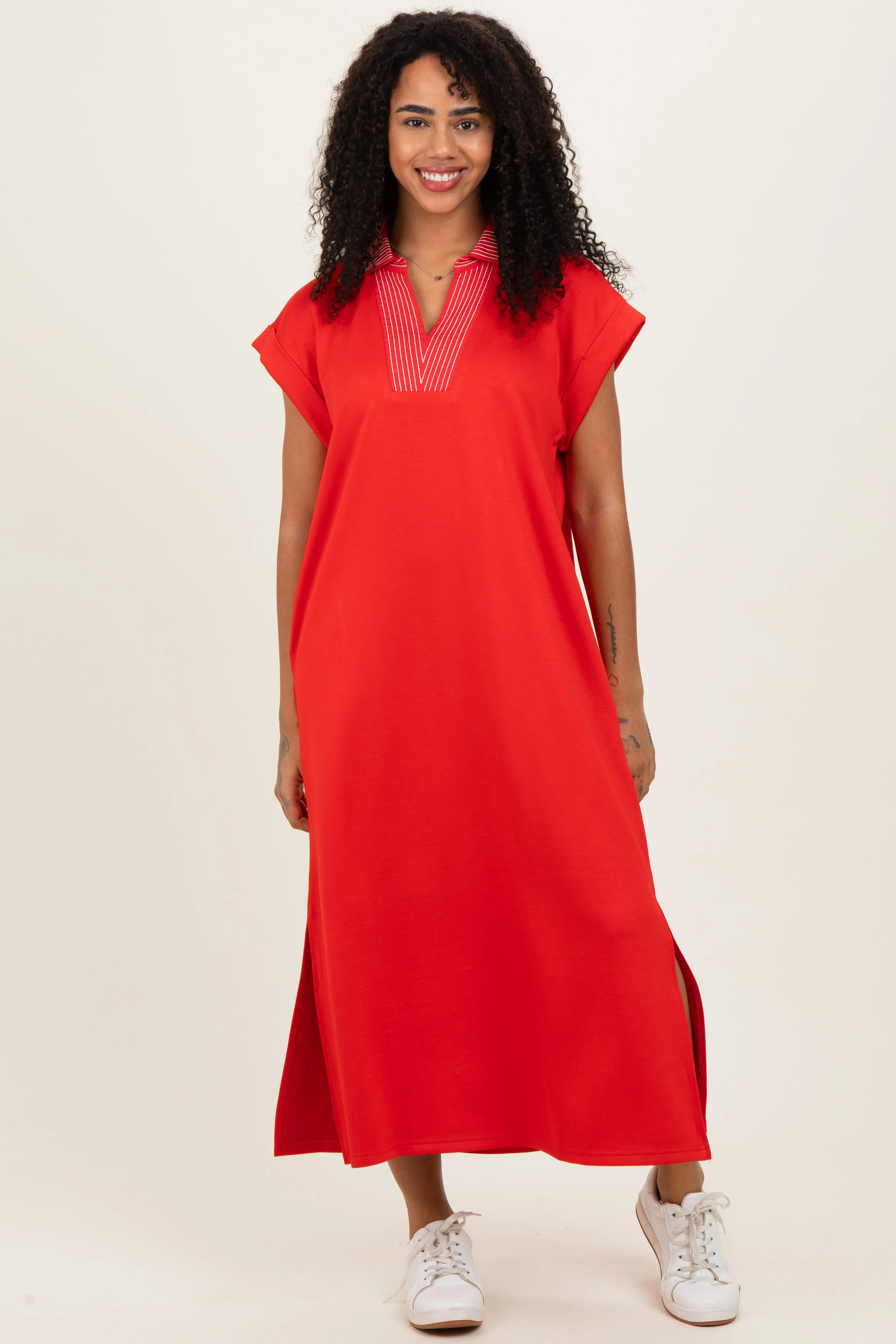 Red Striped Collared Side Slit Maternity Midi Dress sold by Pinkblush product image thumbnail 4