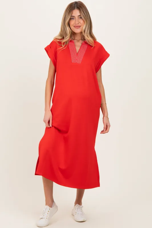 Red Striped Collared Side Slit Maternity Midi Dress sold by Pinkblush