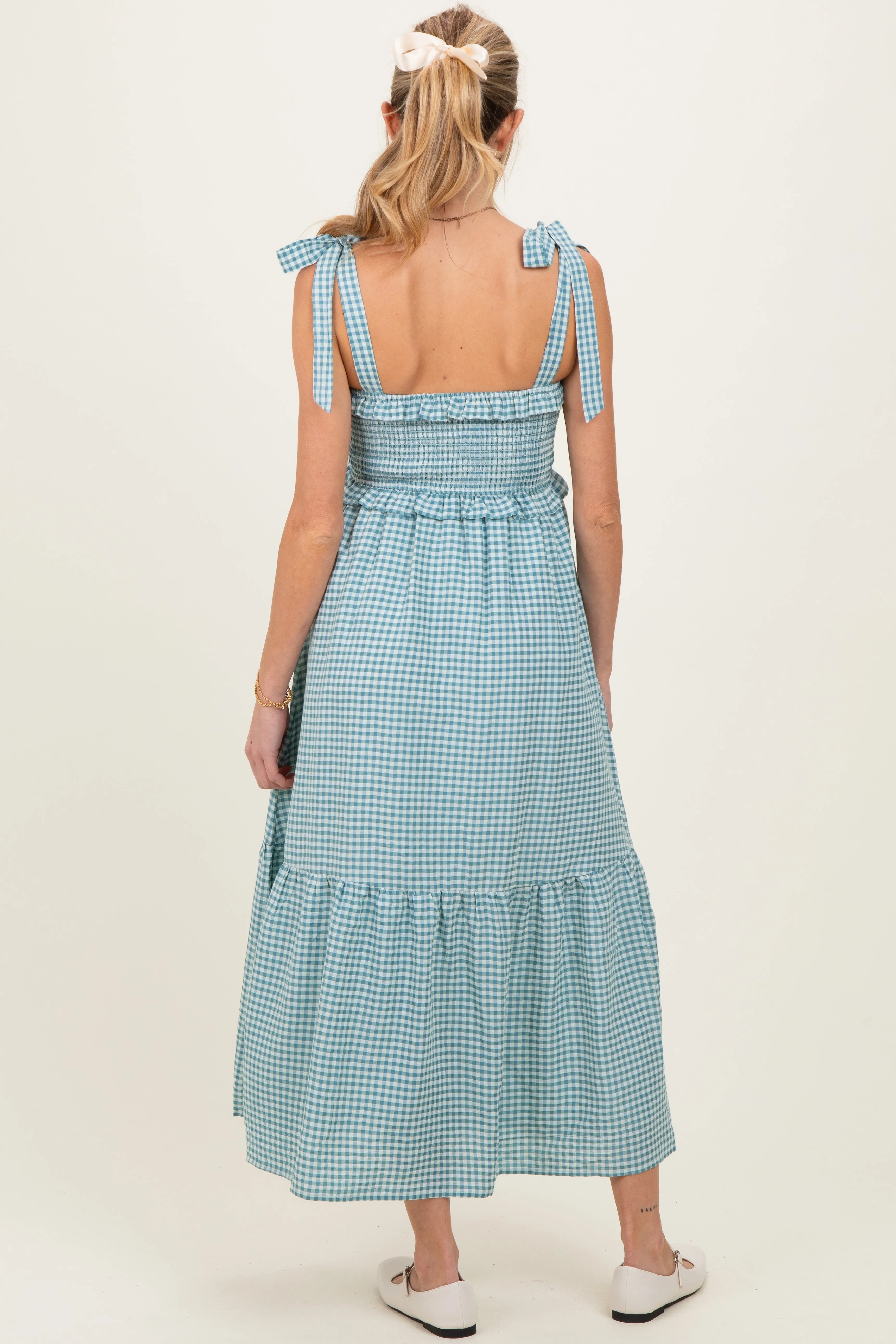 Blue Gingham Smocked Shoulder Tie Maternity Midi Dress sold by Pinkblush product image thumbnail 4
