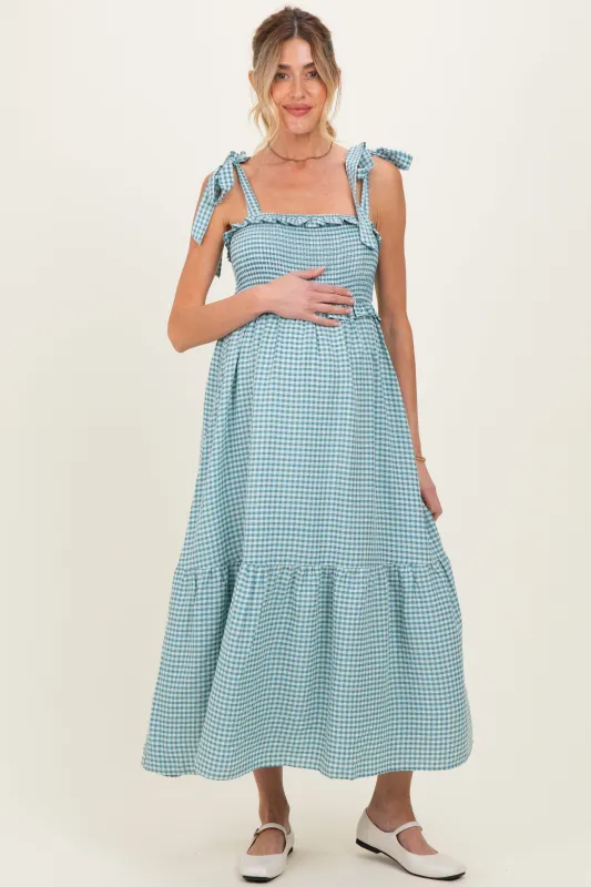 Blue Gingham Smocked Shoulder Tie Maternity Midi Dress made by Storia