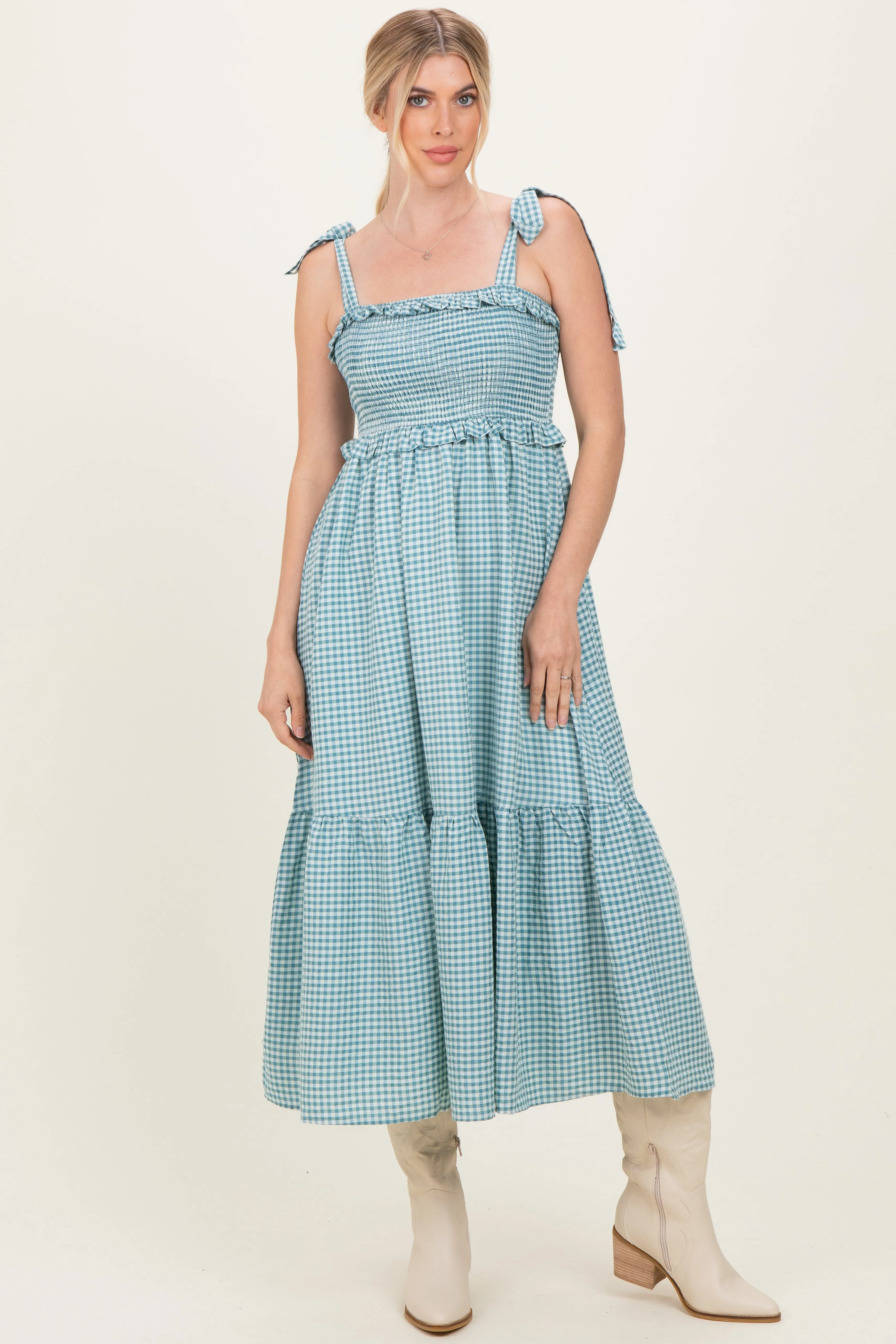 Blue Gingham Smocked Shoulder Tie Maternity Midi Dress sold by Pinkblush product image thumbnail 5