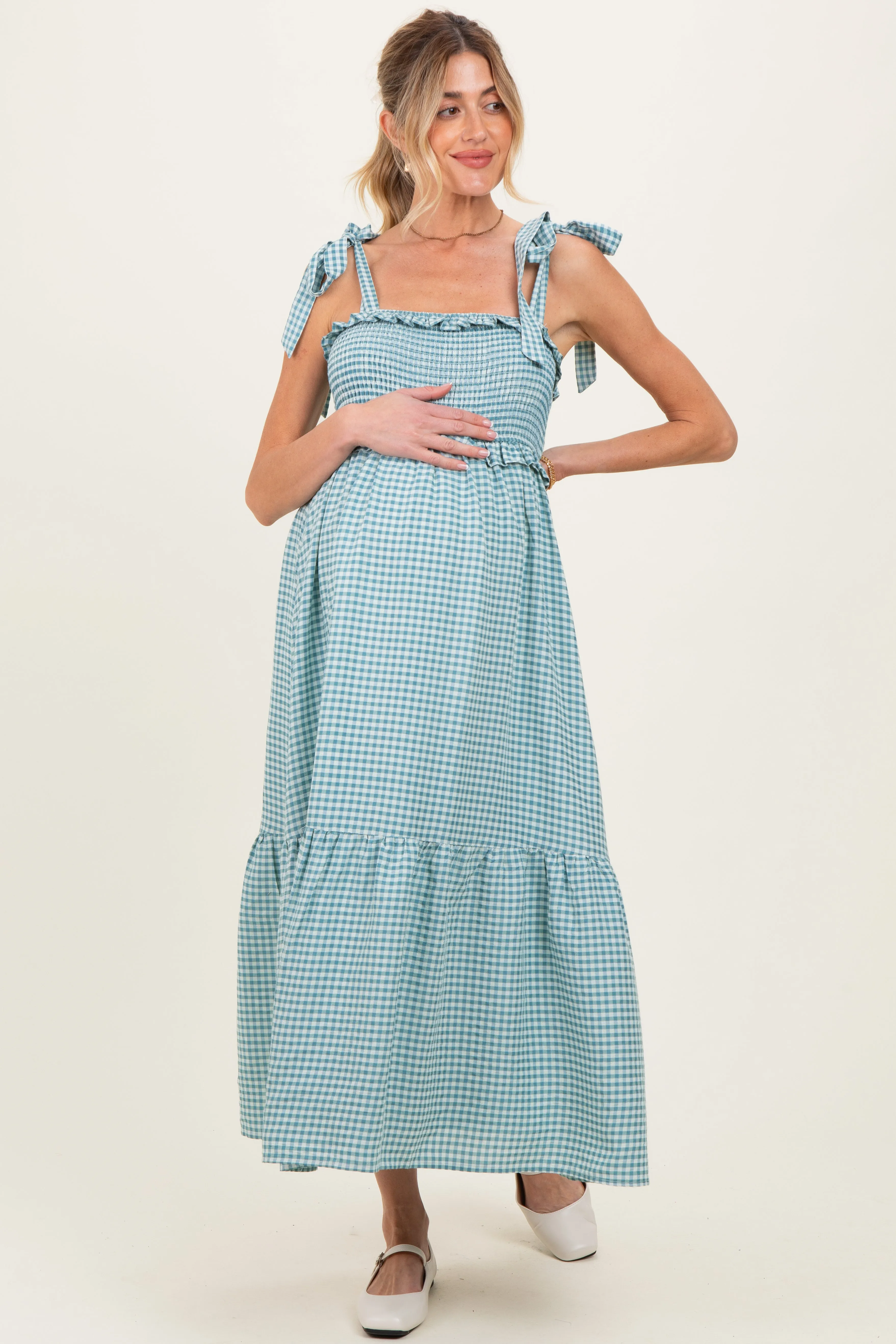 Blue Gingham Smocked Shoulder Tie Maternity Midi Dress sold by Pinkblush product image thumbnail 2