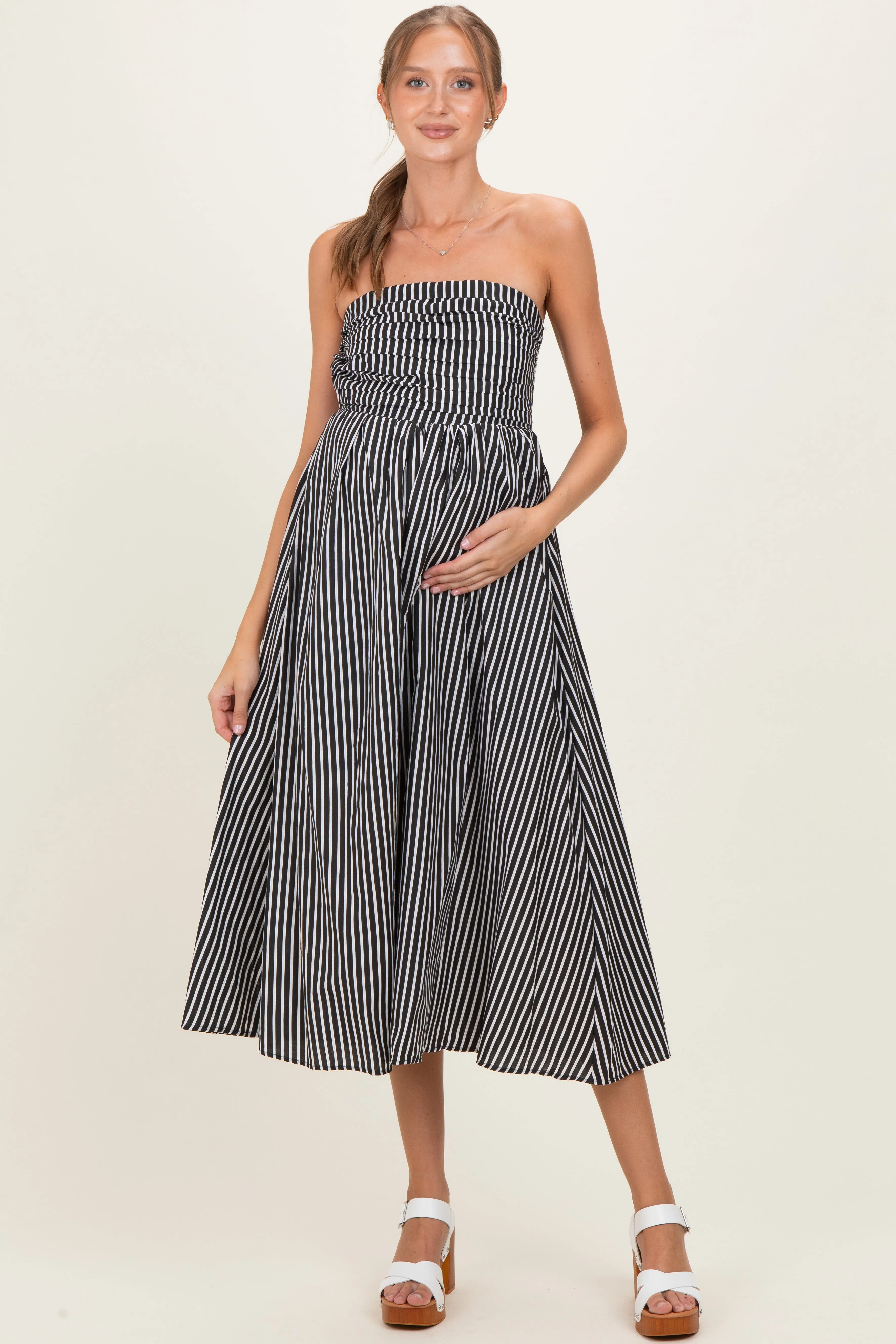 Black Striped Strapless Maternity Maxi Dress sold by Pinkblush