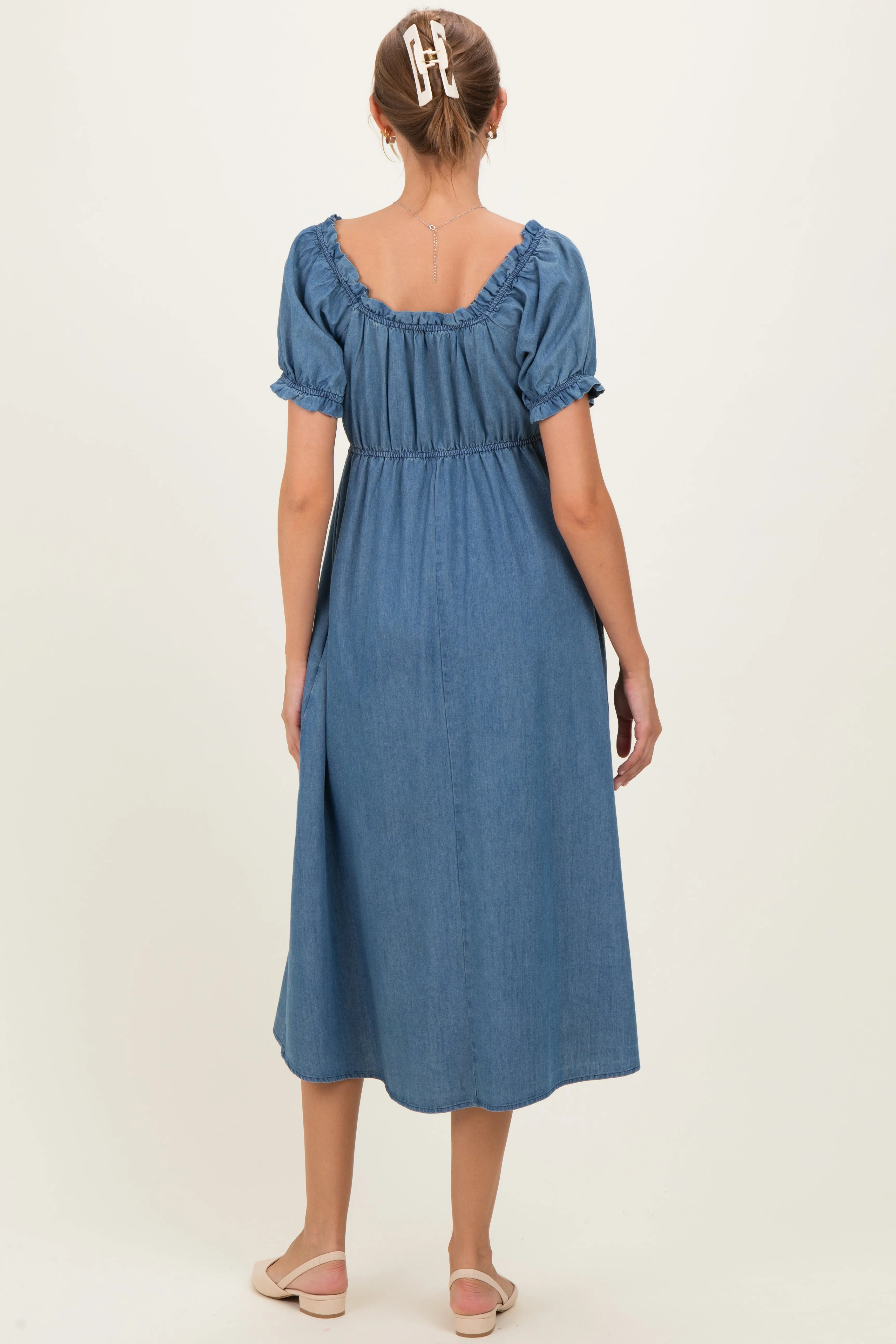 Blue Chambray Ruffle Neckline Maternity Midi Dress sold by Pinkblush product image thumbnail 3