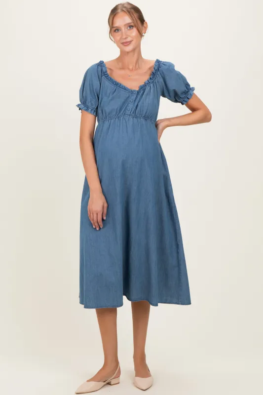 Blue Chambray Ruffle Neckline Maternity Midi Dress sold by Pinkblush