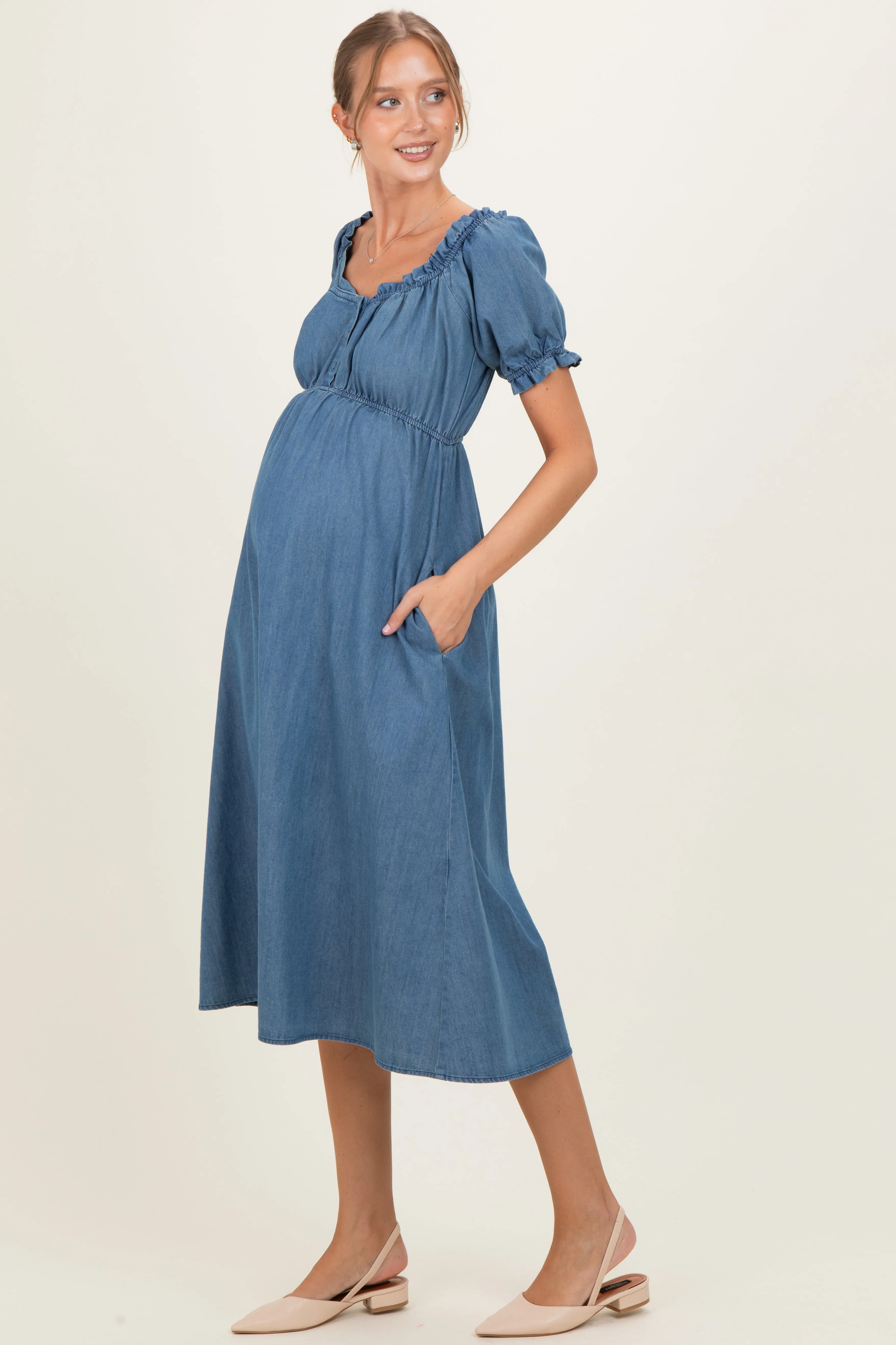Blue Chambray Ruffle Neckline Maternity Midi Dress sold by Pinkblush product image thumbnail 2