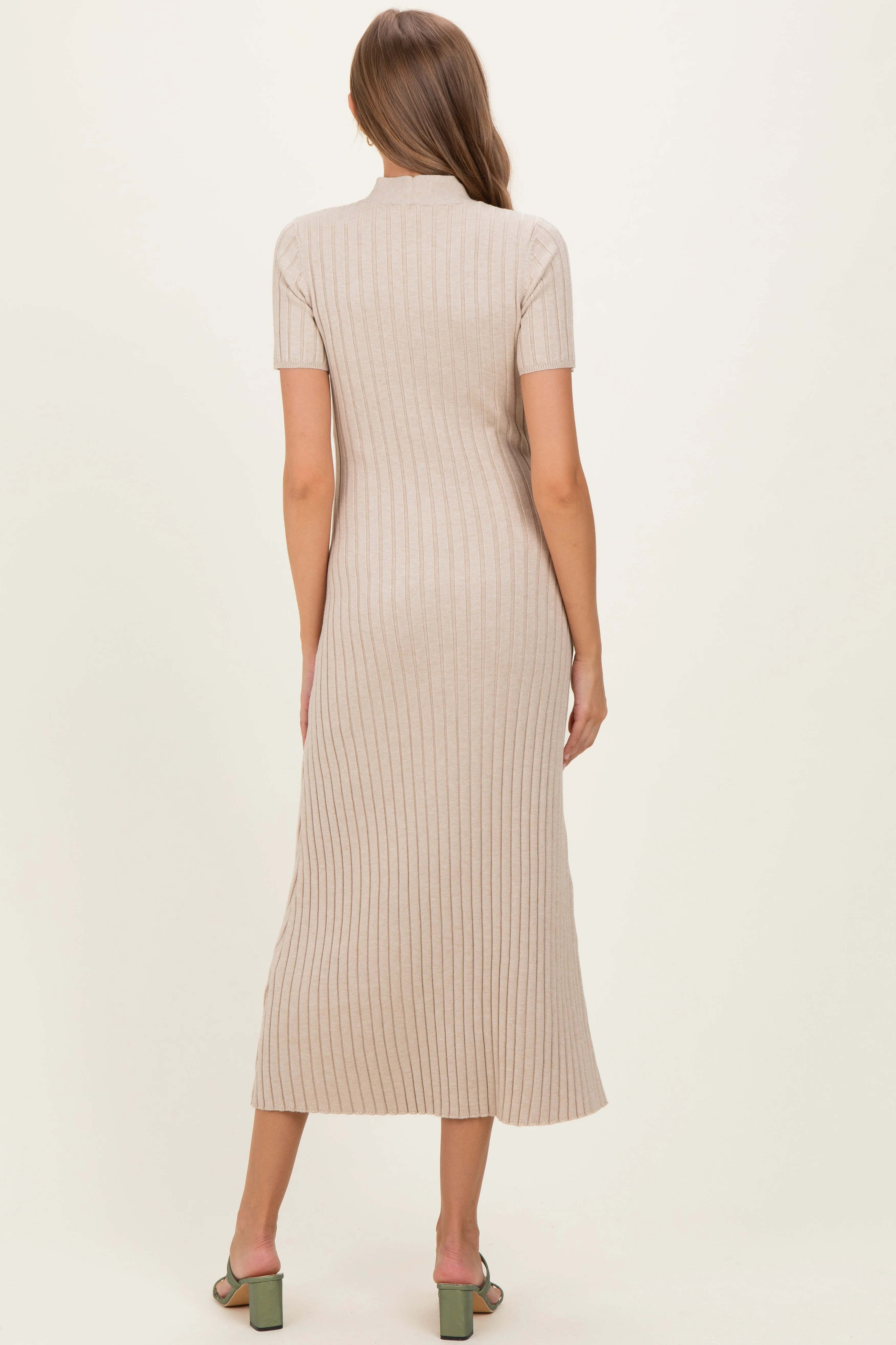 Oatmeal Ribbed Knit Tie Neck Maternity Midi Dress sold by Pinkblush product image thumbnail 4