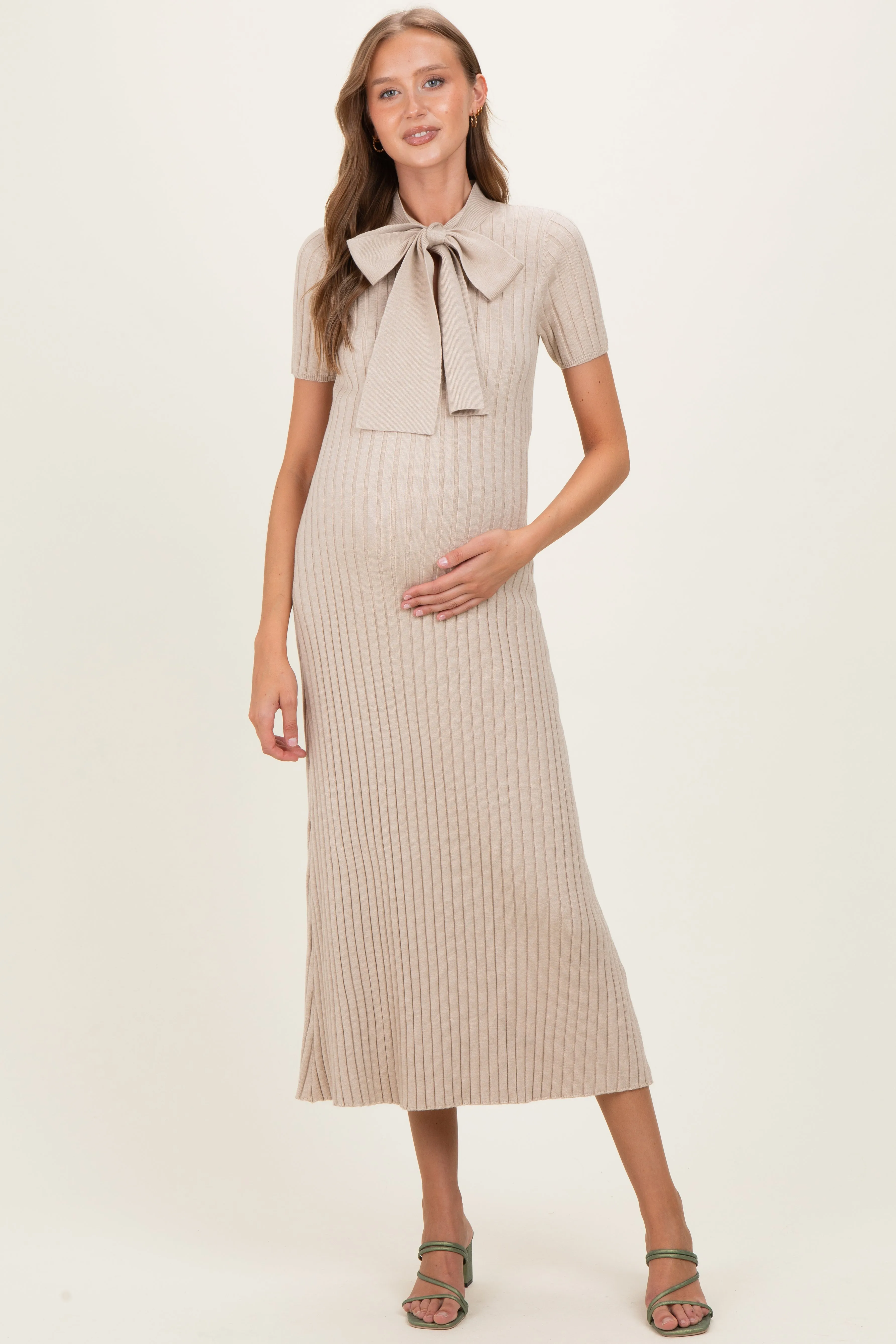 Oatmeal Ribbed Knit Tie Neck Maternity Midi Dress sold by Pinkblush