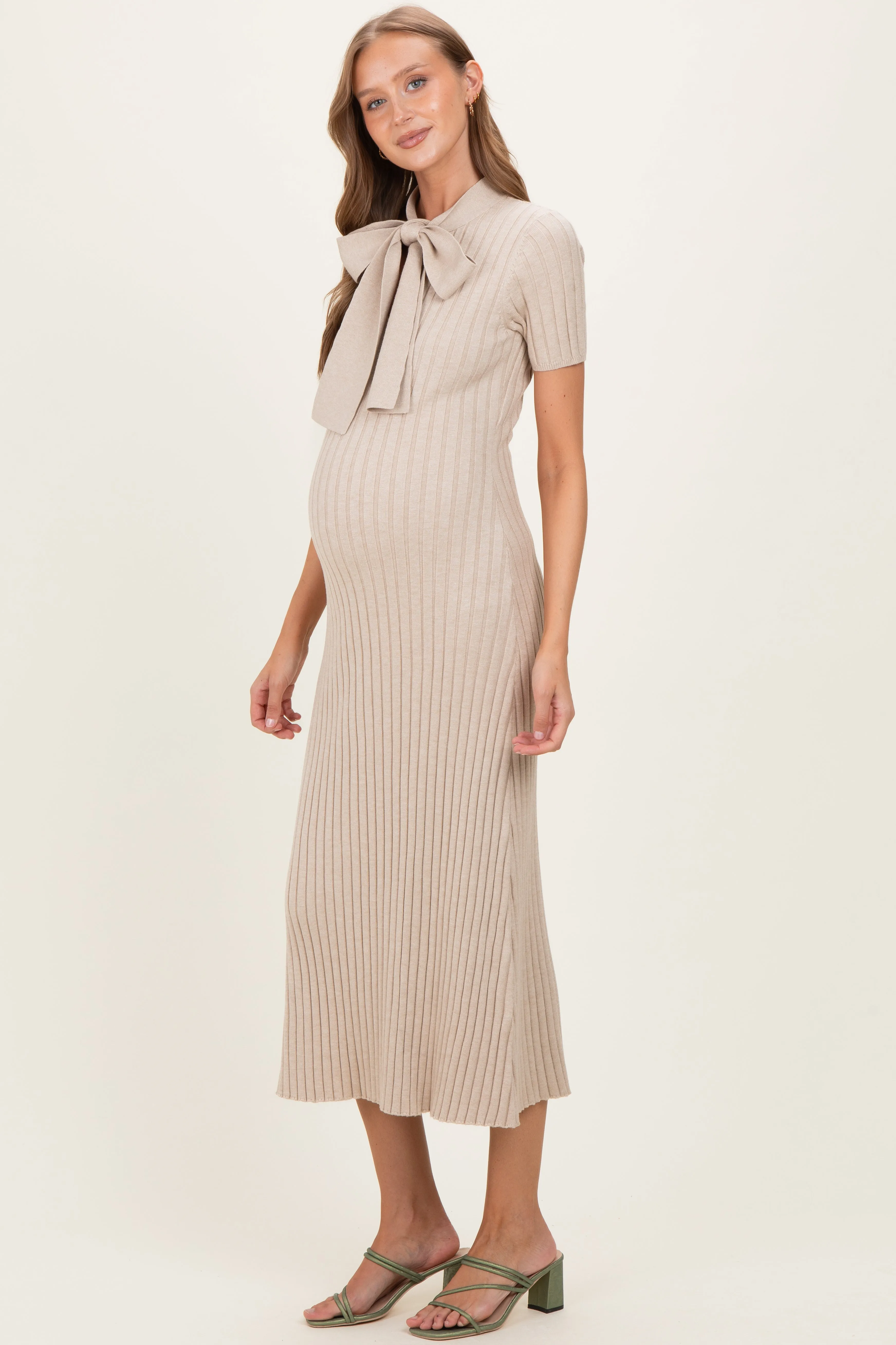 Oatmeal Ribbed Knit Tie Neck Maternity Midi Dress sold by Pinkblush product image thumbnail 2
