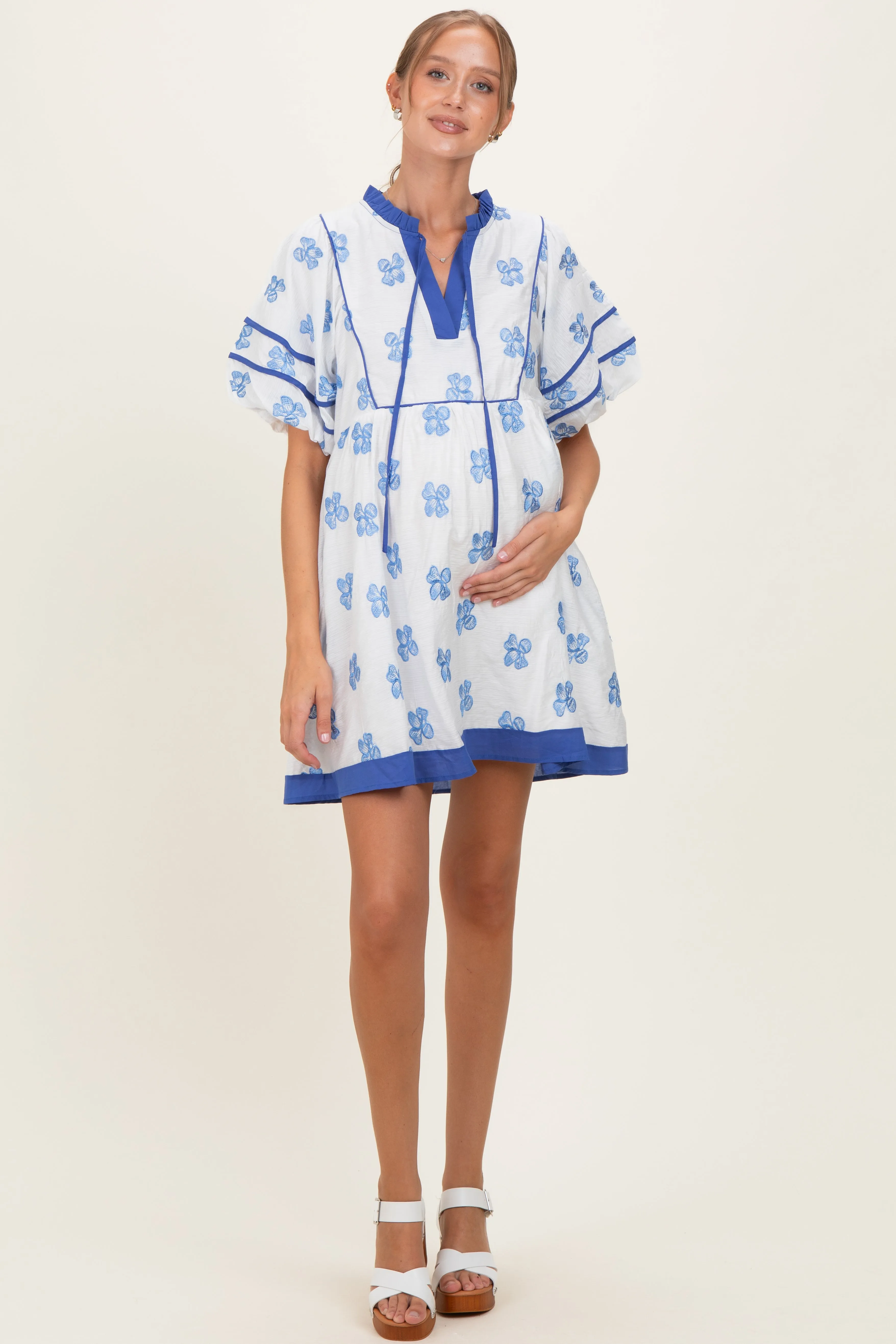 White/ Blue Floral Short Puff Sleeve Front Tie Maternity Dress sold by Pinkblush