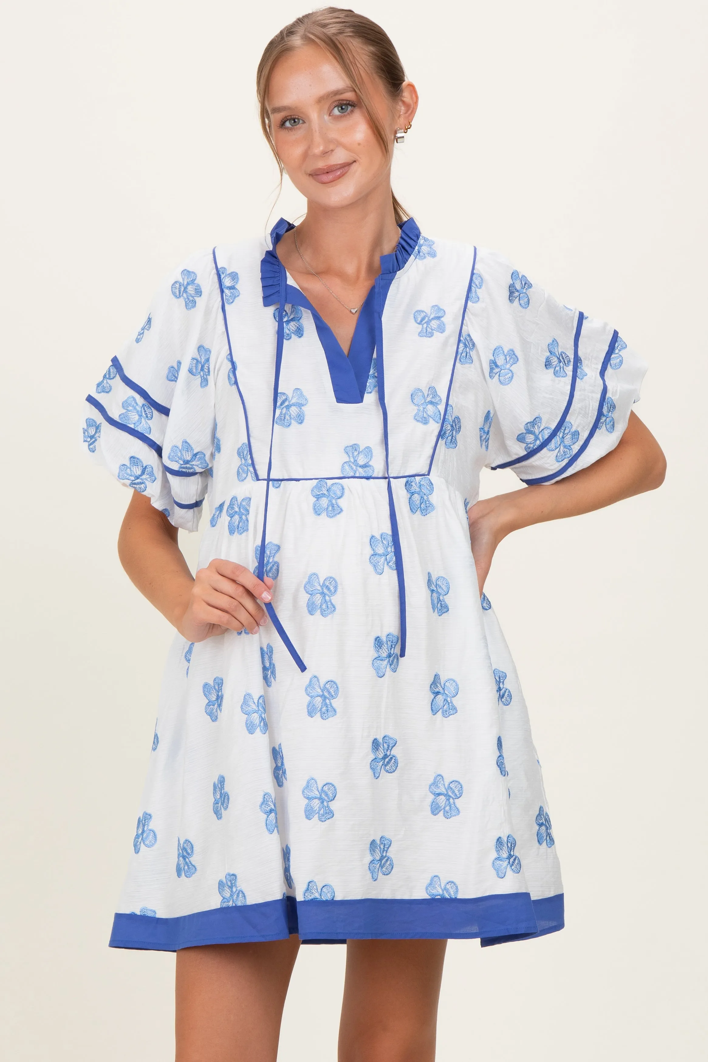 White/ Blue Floral Short Puff Sleeve Front Tie Maternity Dress sold by Pinkblush product image thumbnail 2