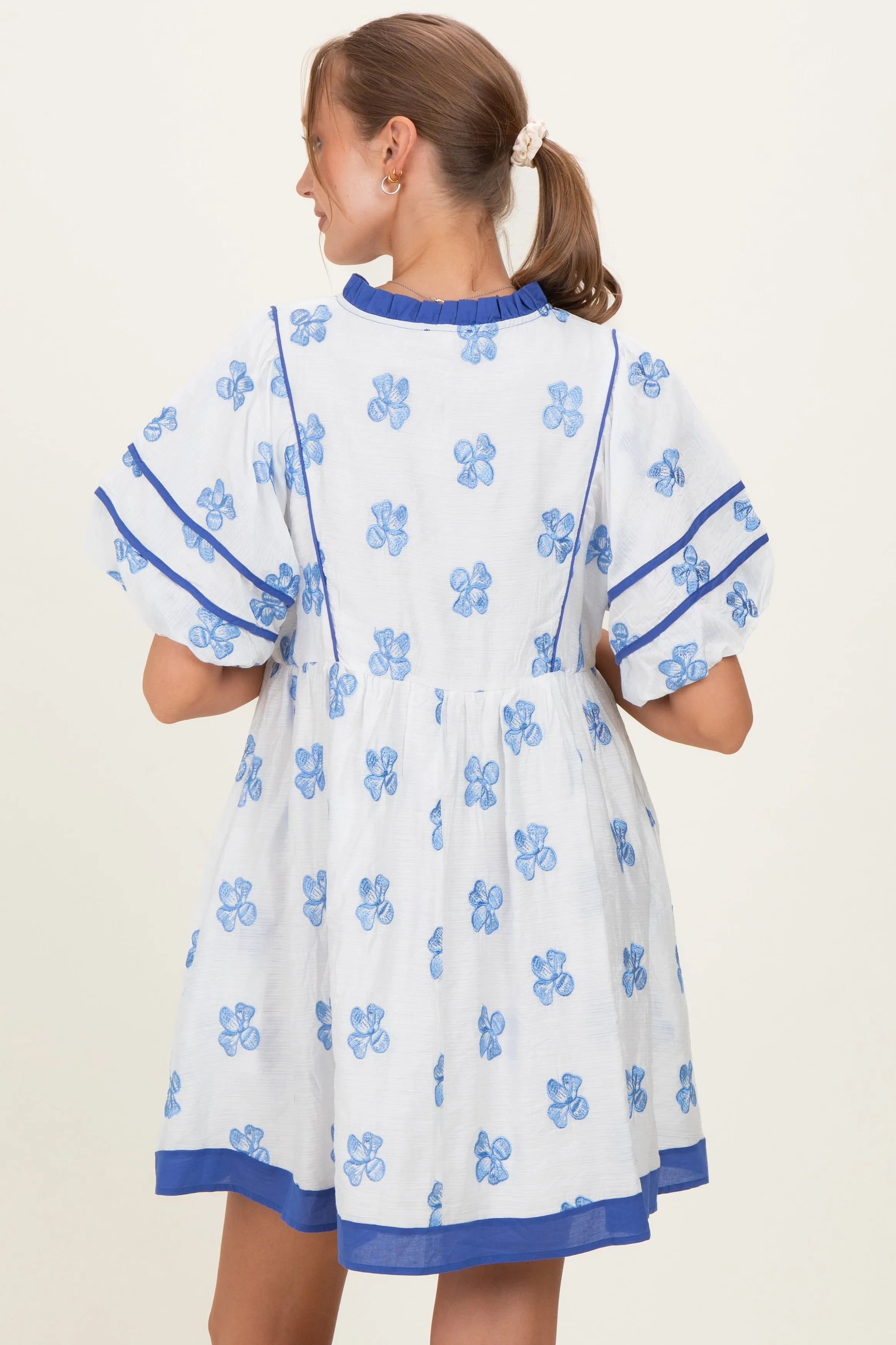 White/ Blue Floral Short Puff Sleeve Front Tie Maternity Dress sold by Pinkblush product image thumbnail 3