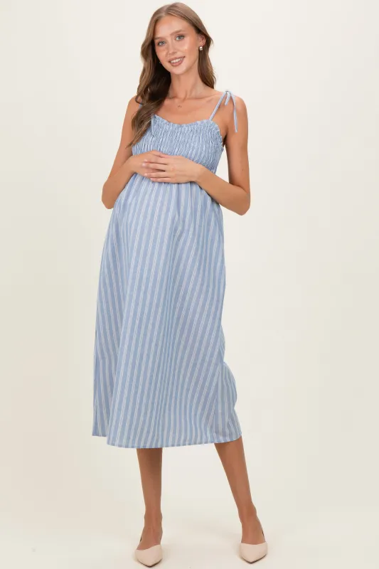 Blue Striped Smocked Shoulder Tie Maternity Midi Dress made by Wishlist