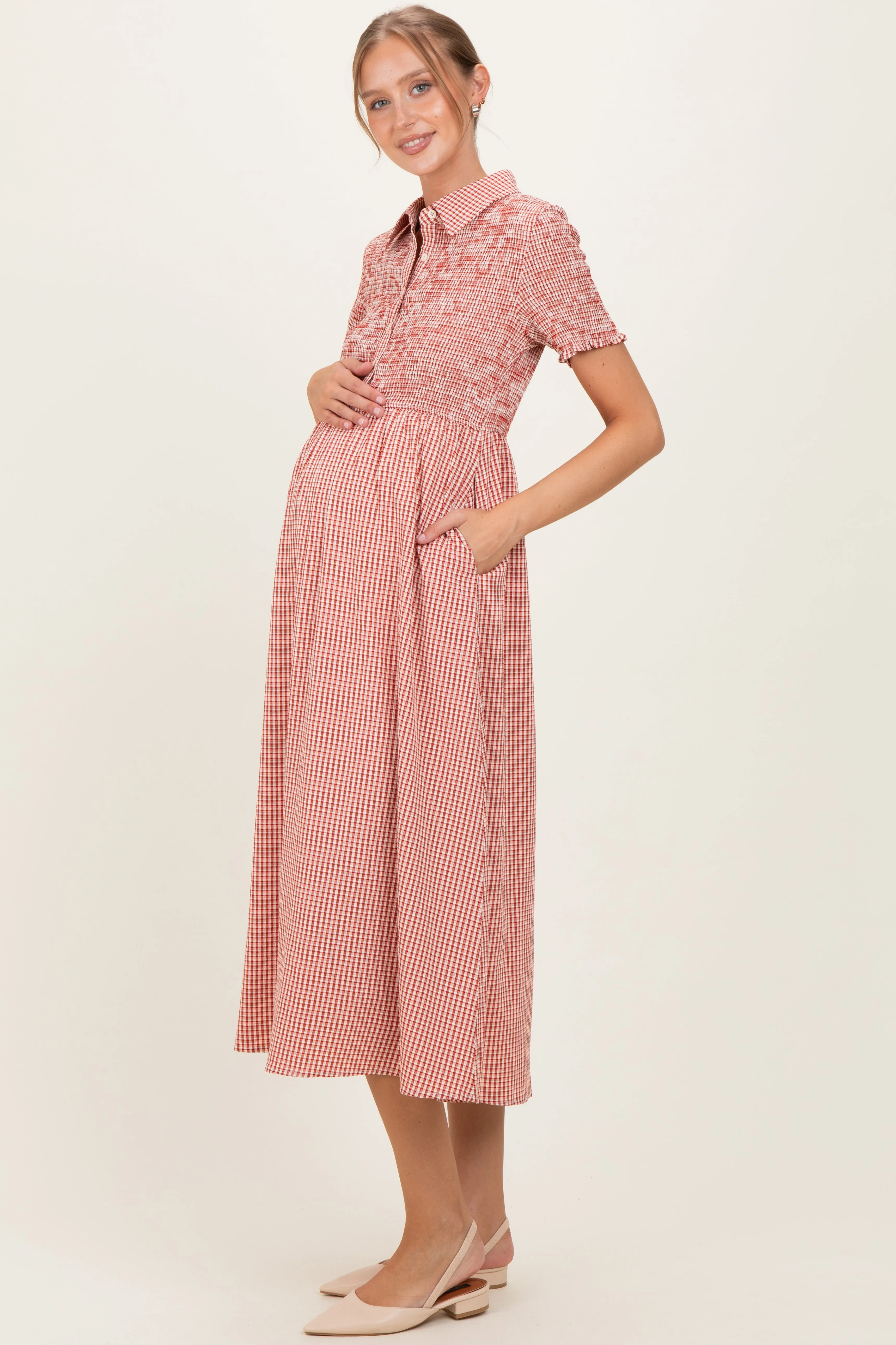 Red Smocked Gingham Collared Maternity Midi Dress sold by Pinkblush product image thumbnail 3