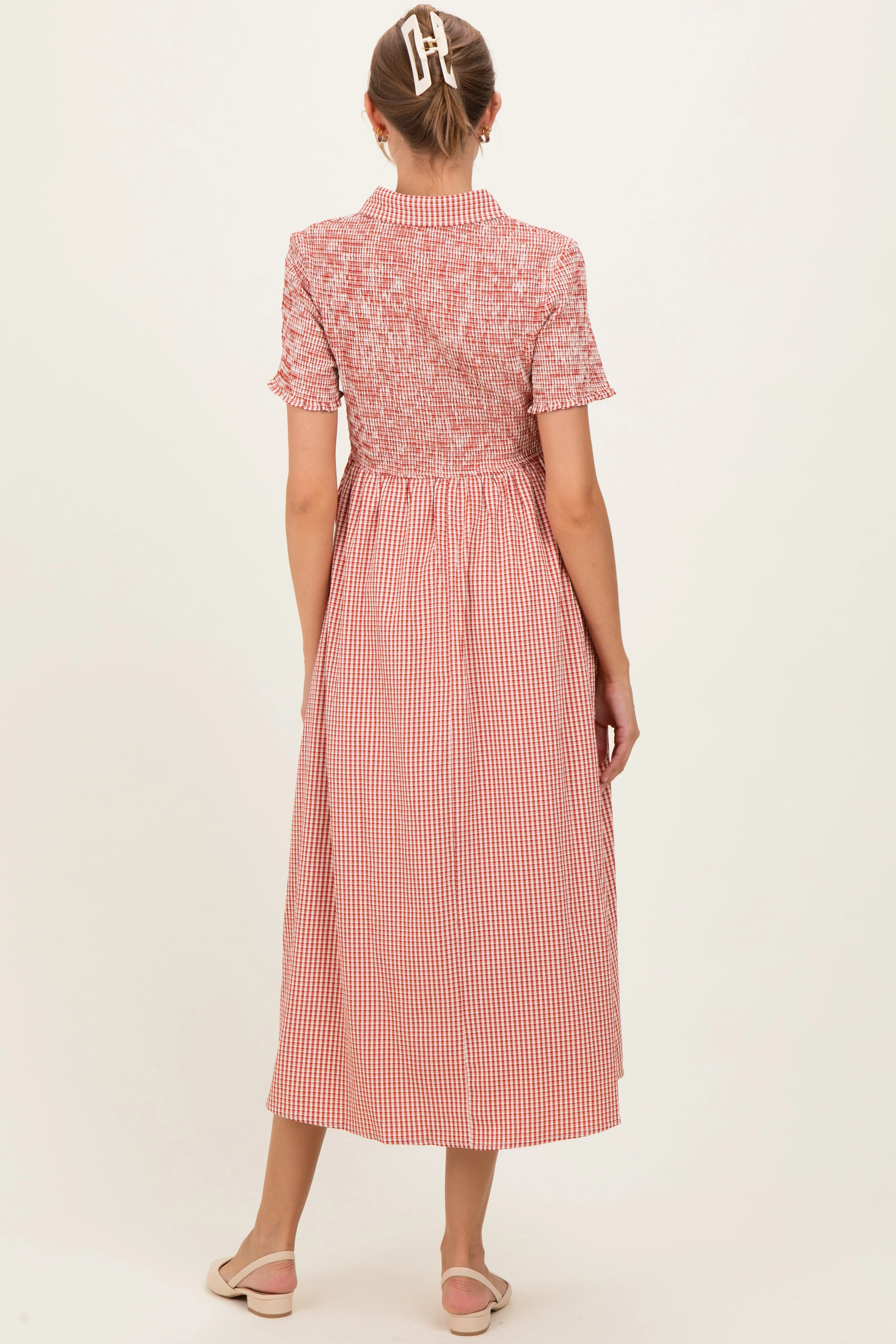 Red Smocked Gingham Collared Maternity Midi Dress sold by Pinkblush product image thumbnail 4