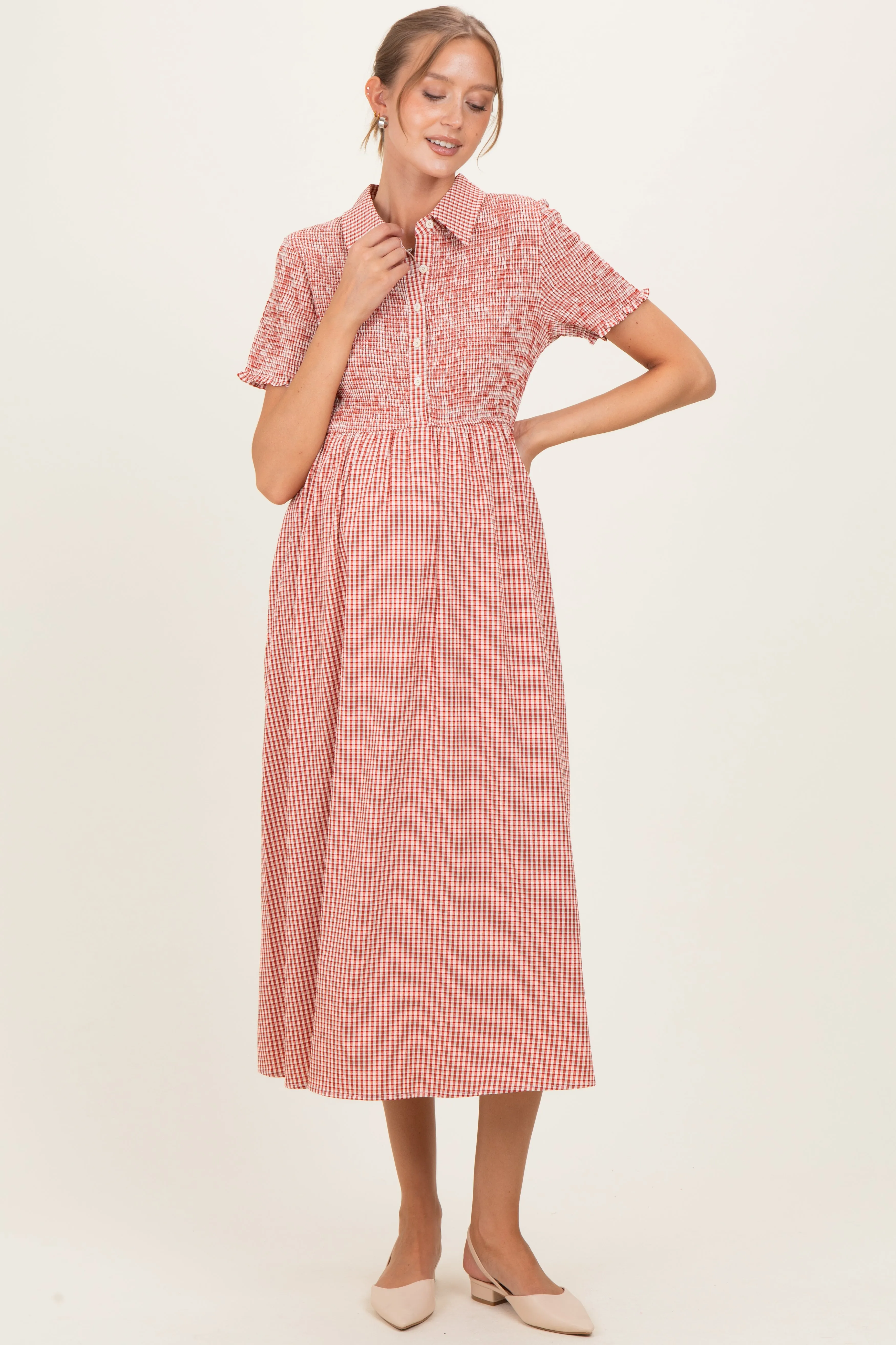 Red Smocked Gingham Collared Maternity Midi Dress sold by Pinkblush product image thumbnail 2