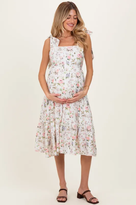 Ivory Floral Shoulder Tie Tiered Maternity Midi Dress sold by Pinkblush