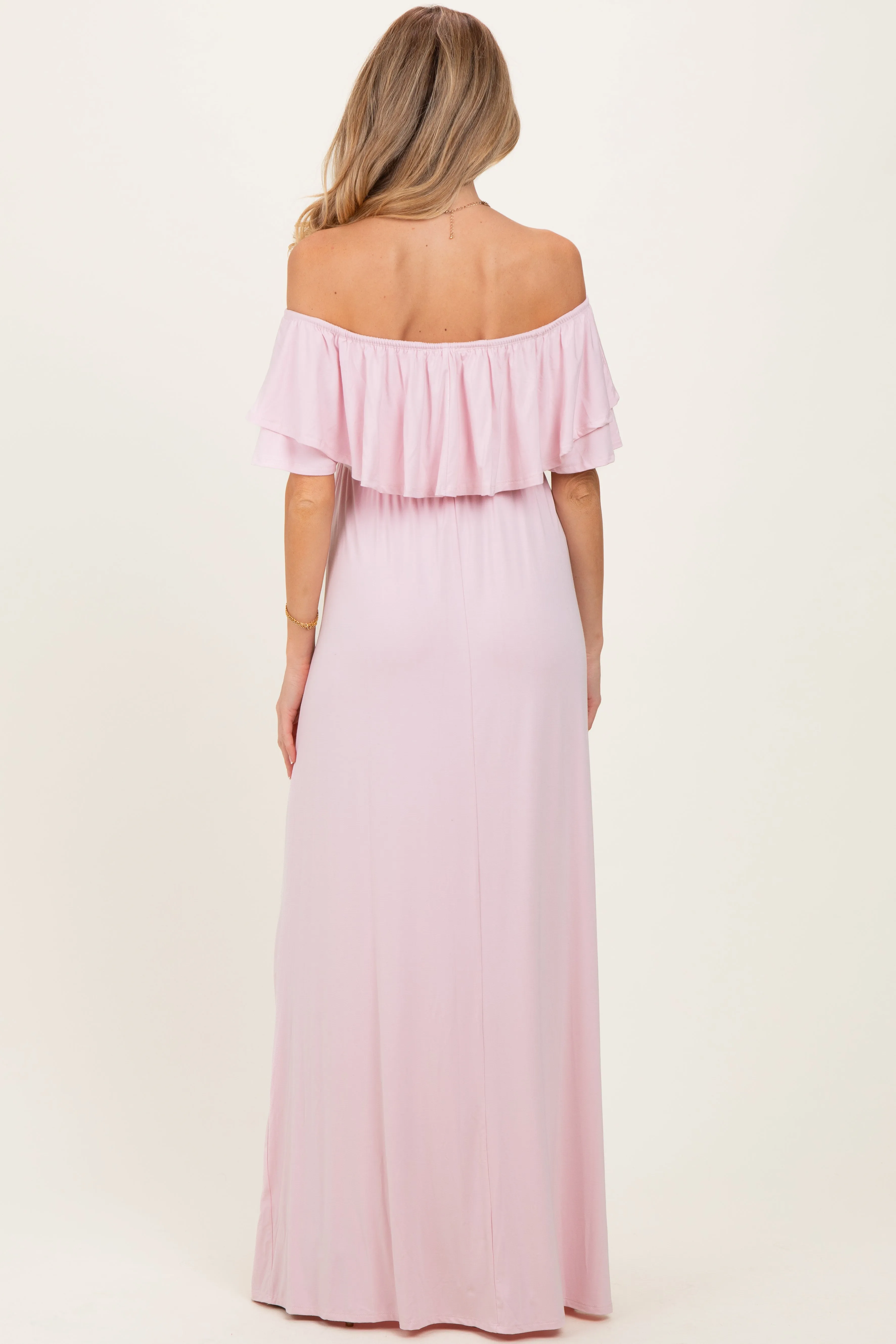 Light Pink Ruffle Off Shoulder Maternity Maxi Dress sold by Pinkblush product image thumbnail 4