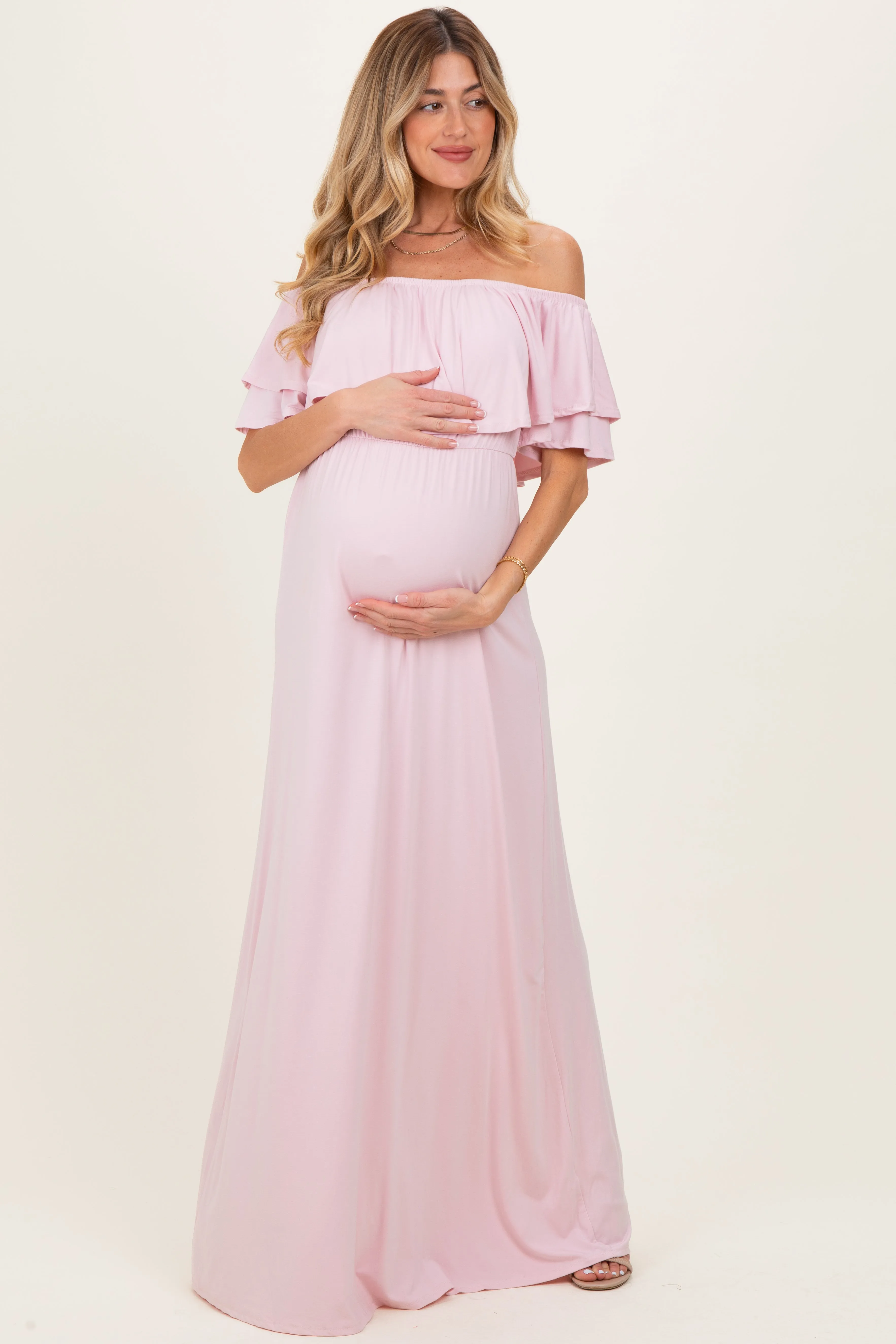 Light Pink Ruffle Off Shoulder Maternity Maxi Dress sold by Pinkblush